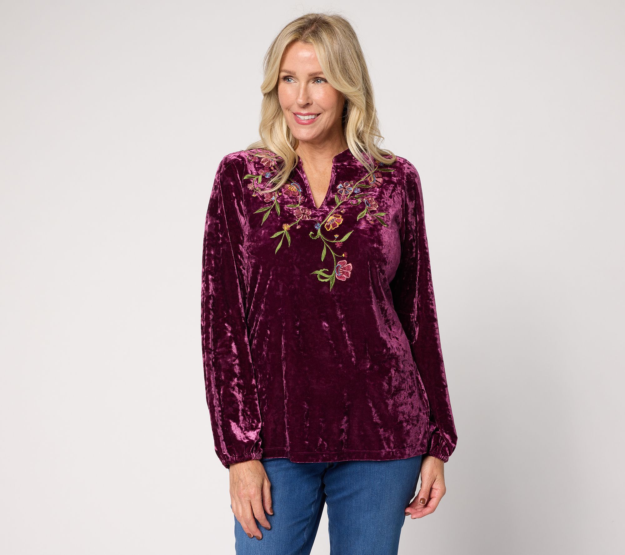 "As Is" Belle Boho by Kim Gravel Crushed Velvet Embroidered Top
