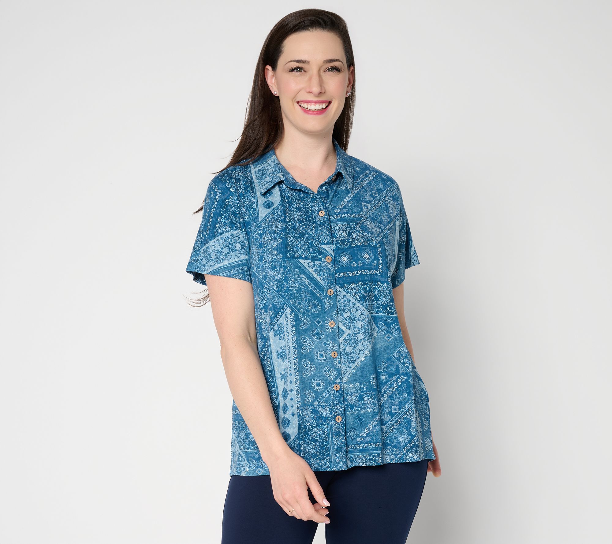  Susan Graver Weekend Printed Rayon Allure Knit Button Front Top