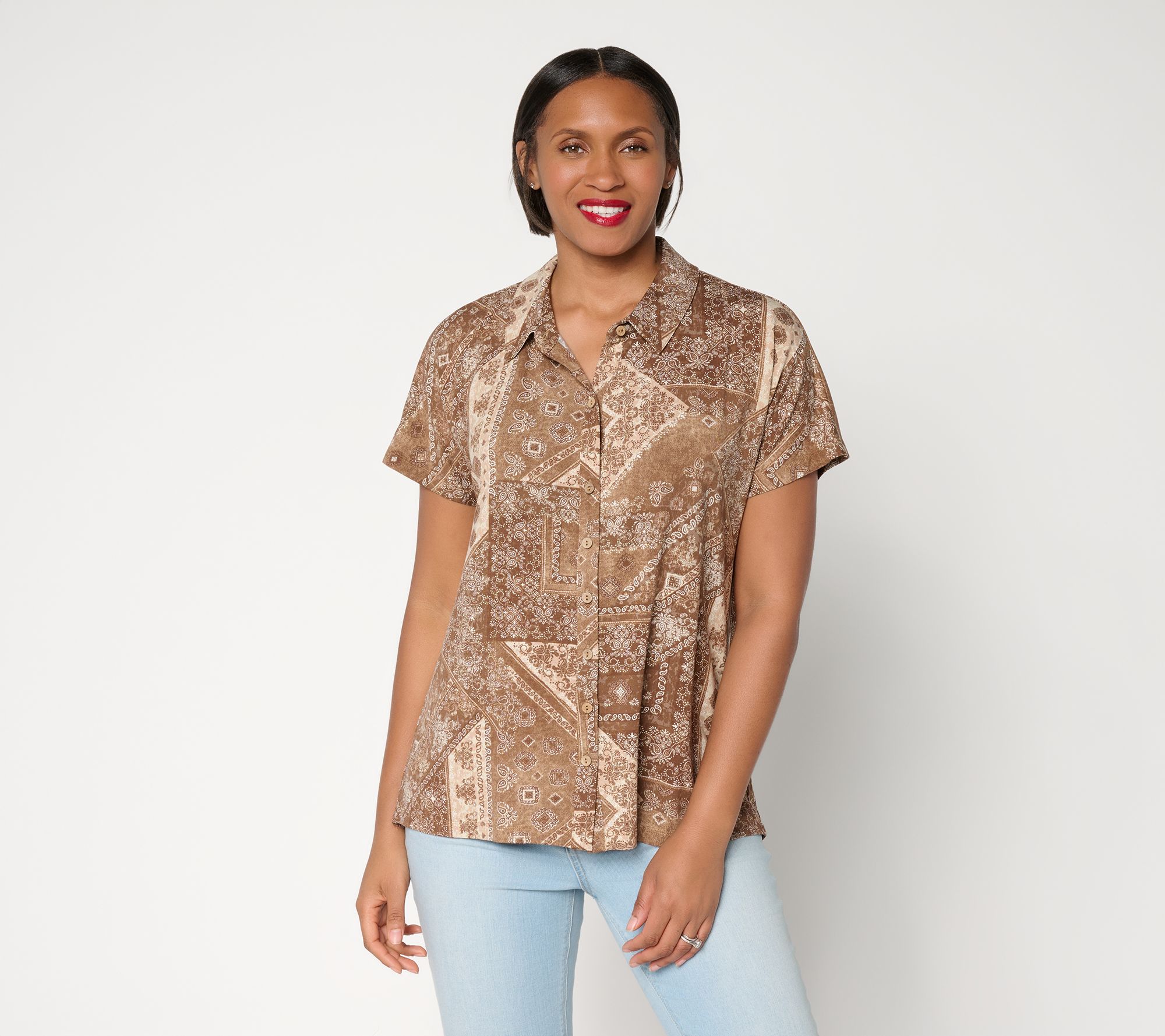 Susan Graver Weekend Printed Rayon Allure Knit Button Front Top