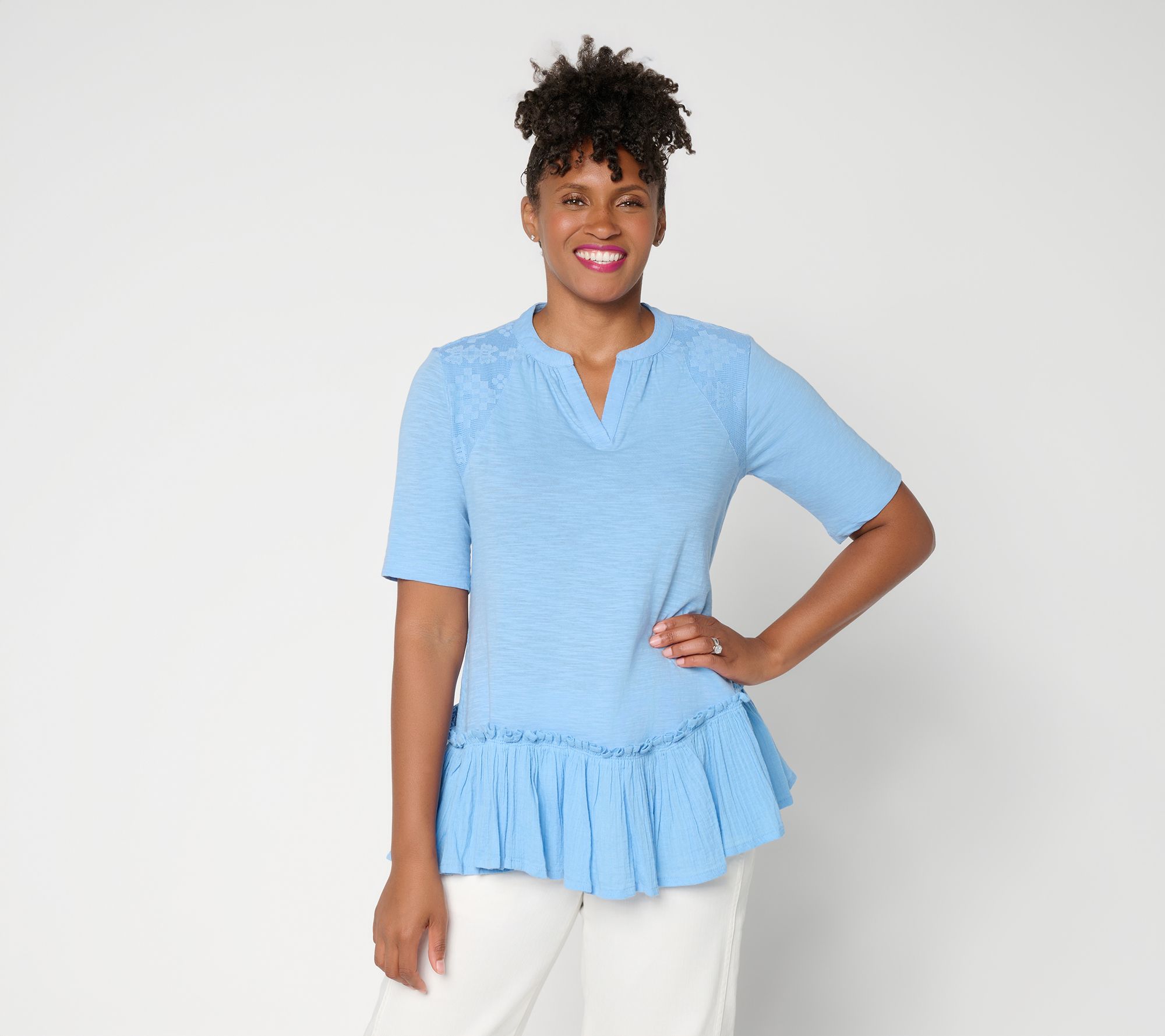 LOGO Lavish by Lori Goldstein Mixed Media Ruffle Hem Top with Embroidery