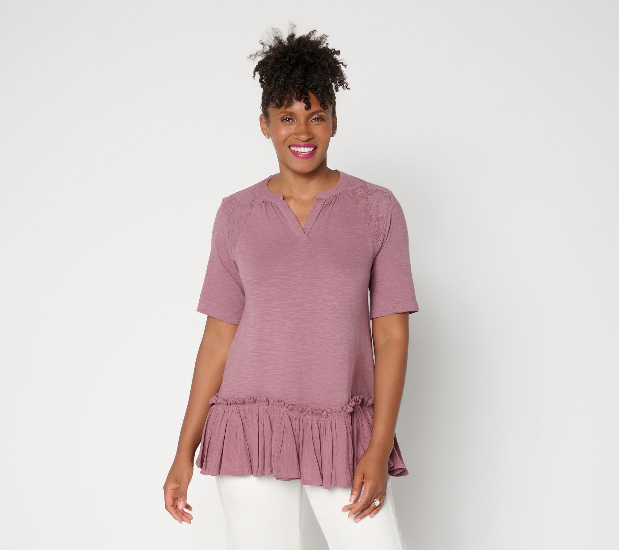 LOGO Lavish by Lori Goldstein Mixed Media Ruffle Hem Top with Embroidery