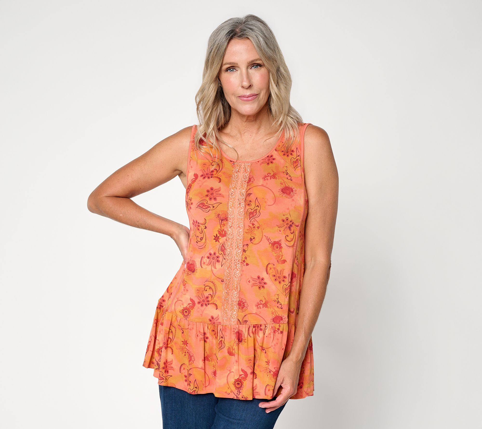 LOGO Layers by Lori Goldstein Regular Printed Lace Detail Tank