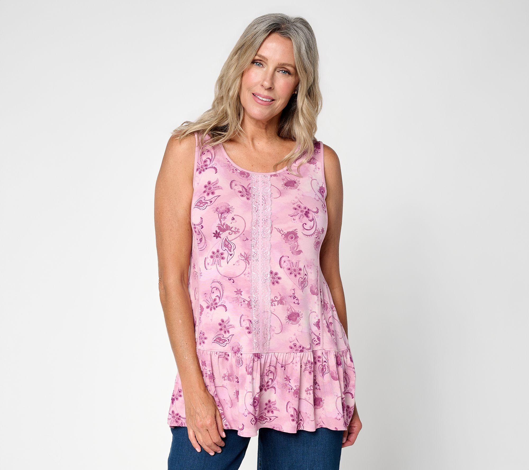 LOGO Layers by Lori Goldstein Regular Printed Lace Detail Tank