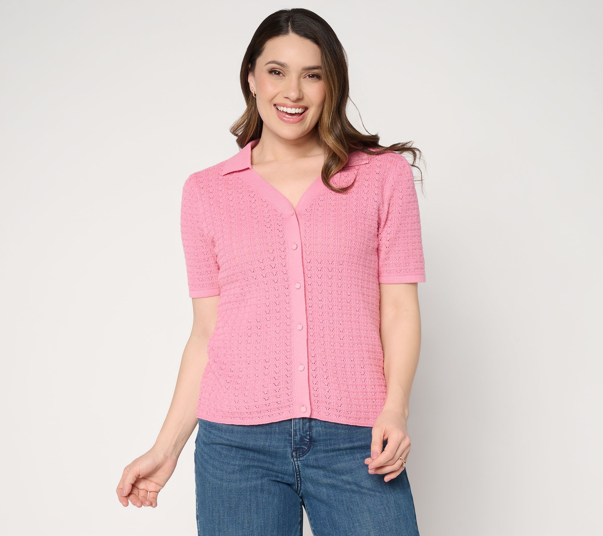 "As Is" Dennis Basso Button Front Crochet Cardigan