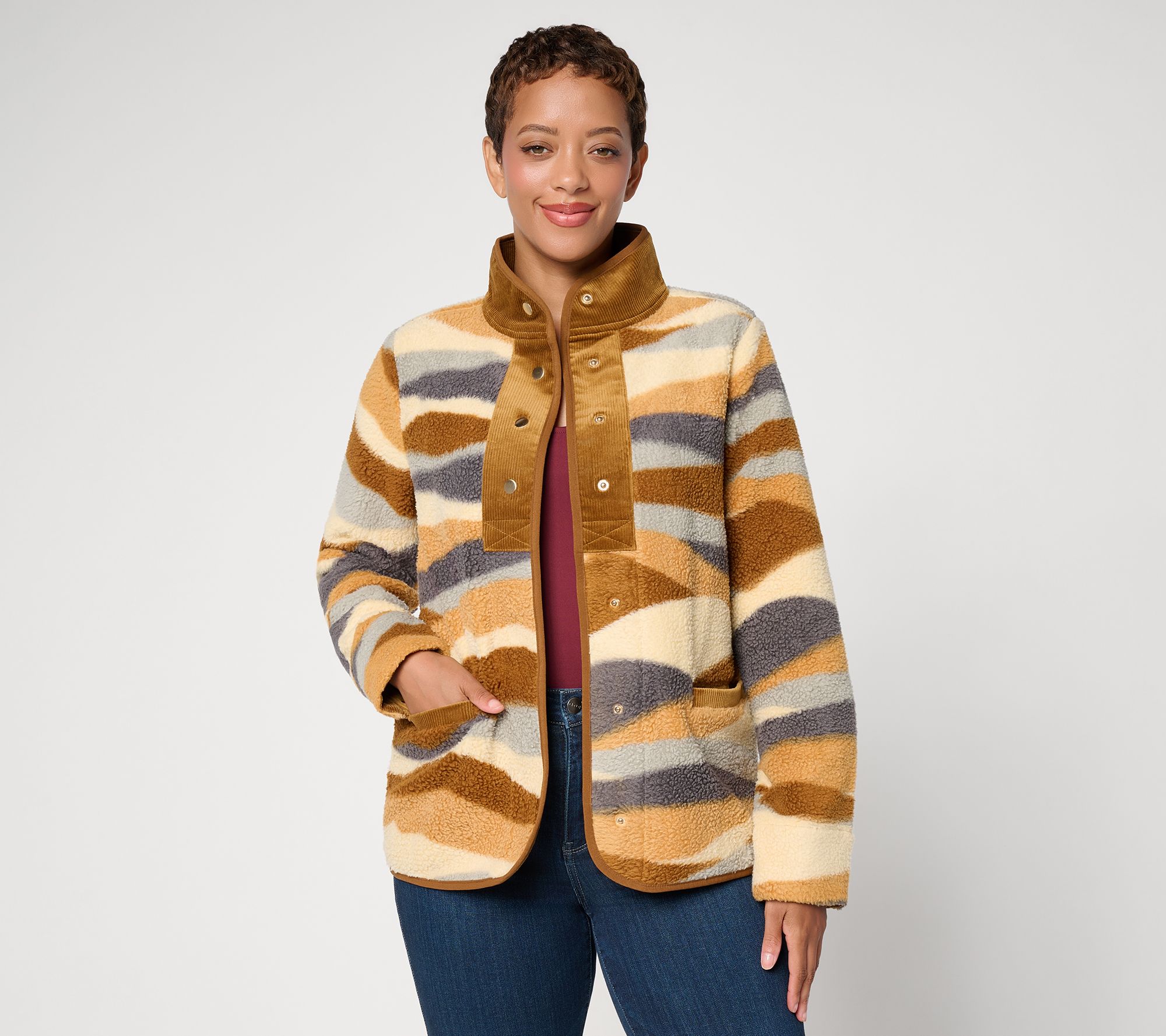 Susanです。 Susan Graver Printed Sherpa Snap Front Jacket w/ Details | QVC