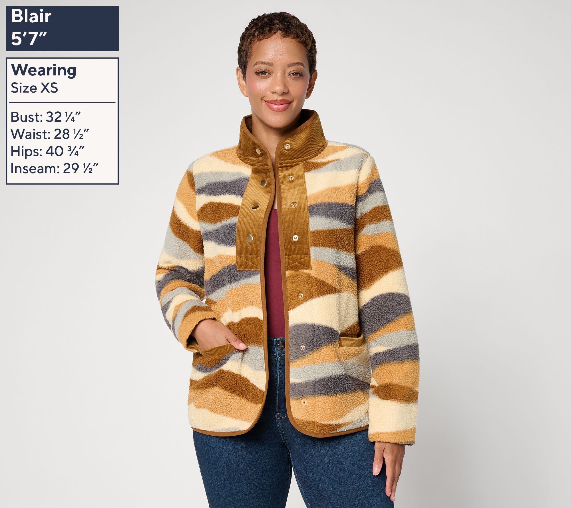 Susan Graver Printed Sherpa Snap Front Jacket w/ Details | QVC