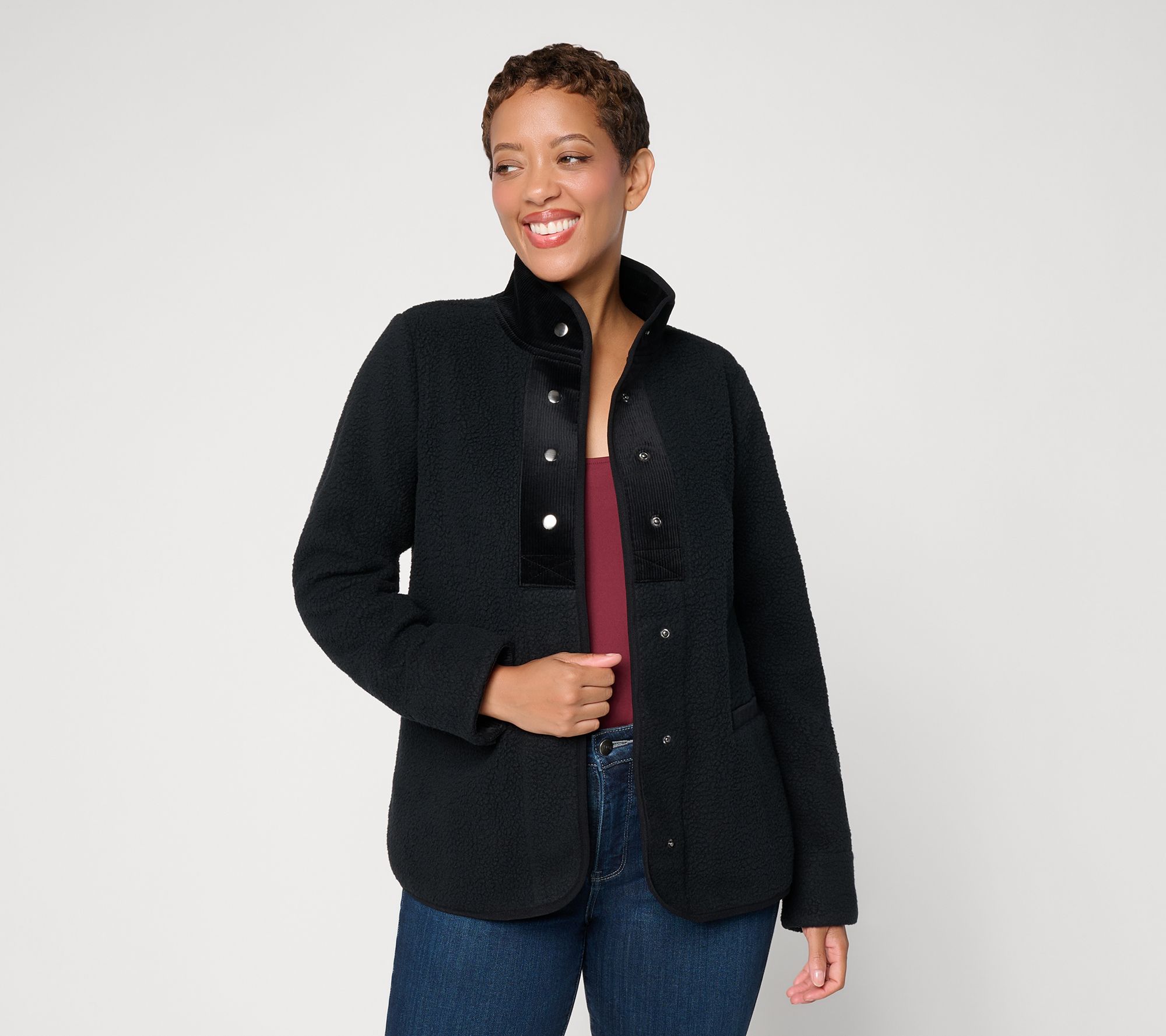 Susan Graver Printed Sherpa Snap Front Jacket w/ Details