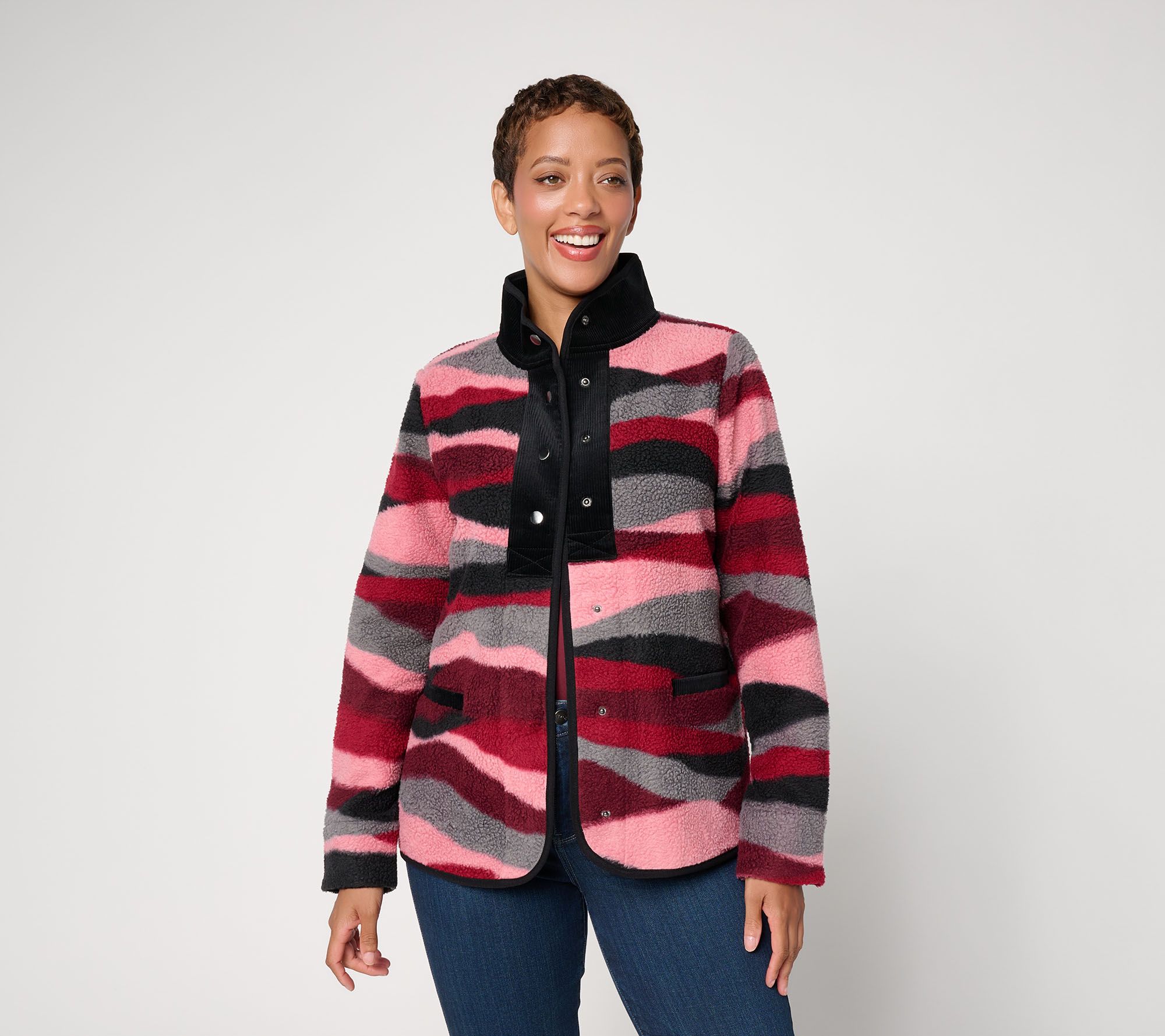 Susan Graver Printed Sherpa Snap Front Jacket w/ Details