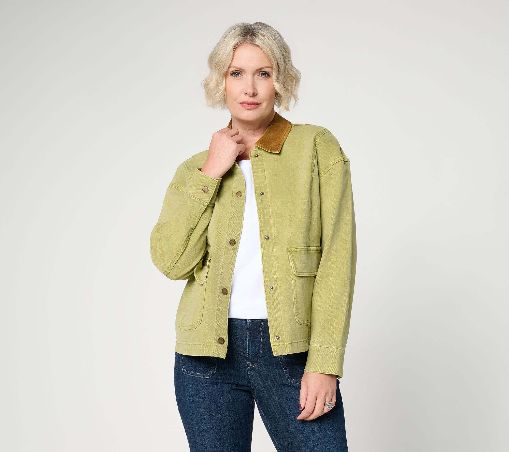  Belle by Kim Gravel Velvet Collar Stretch Denim Jacket