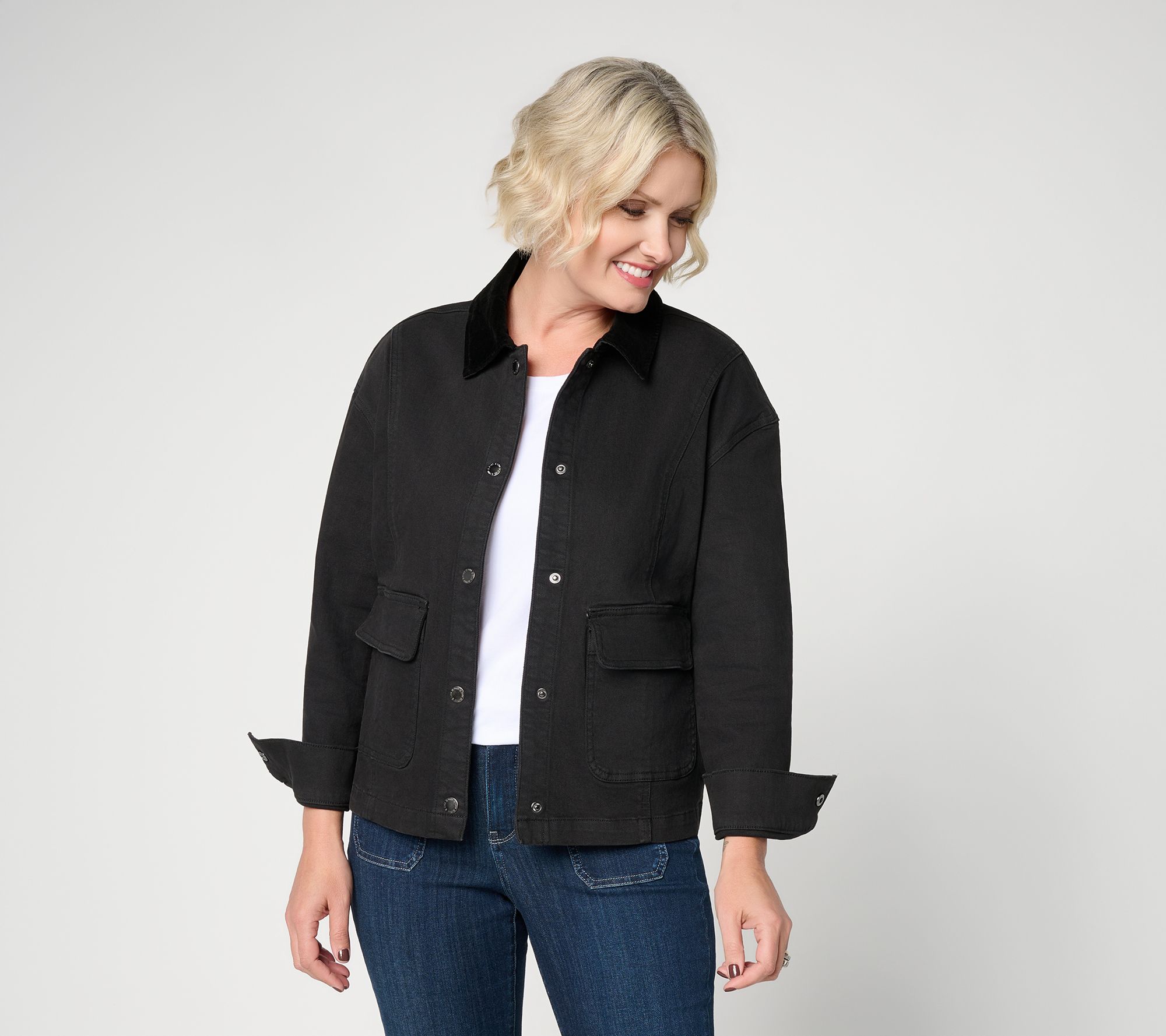 Belle by Kim Gravel Velvet Collar Stretch Denim Jacket