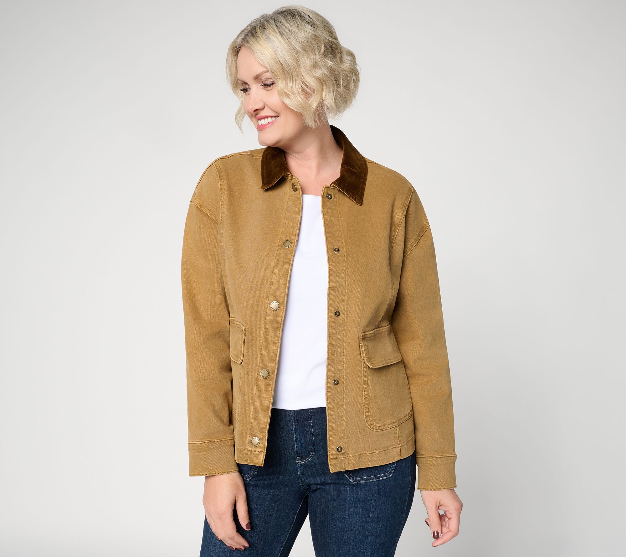 Belle by Kim Gravel Velvet Collar Stretch Denim Jacket