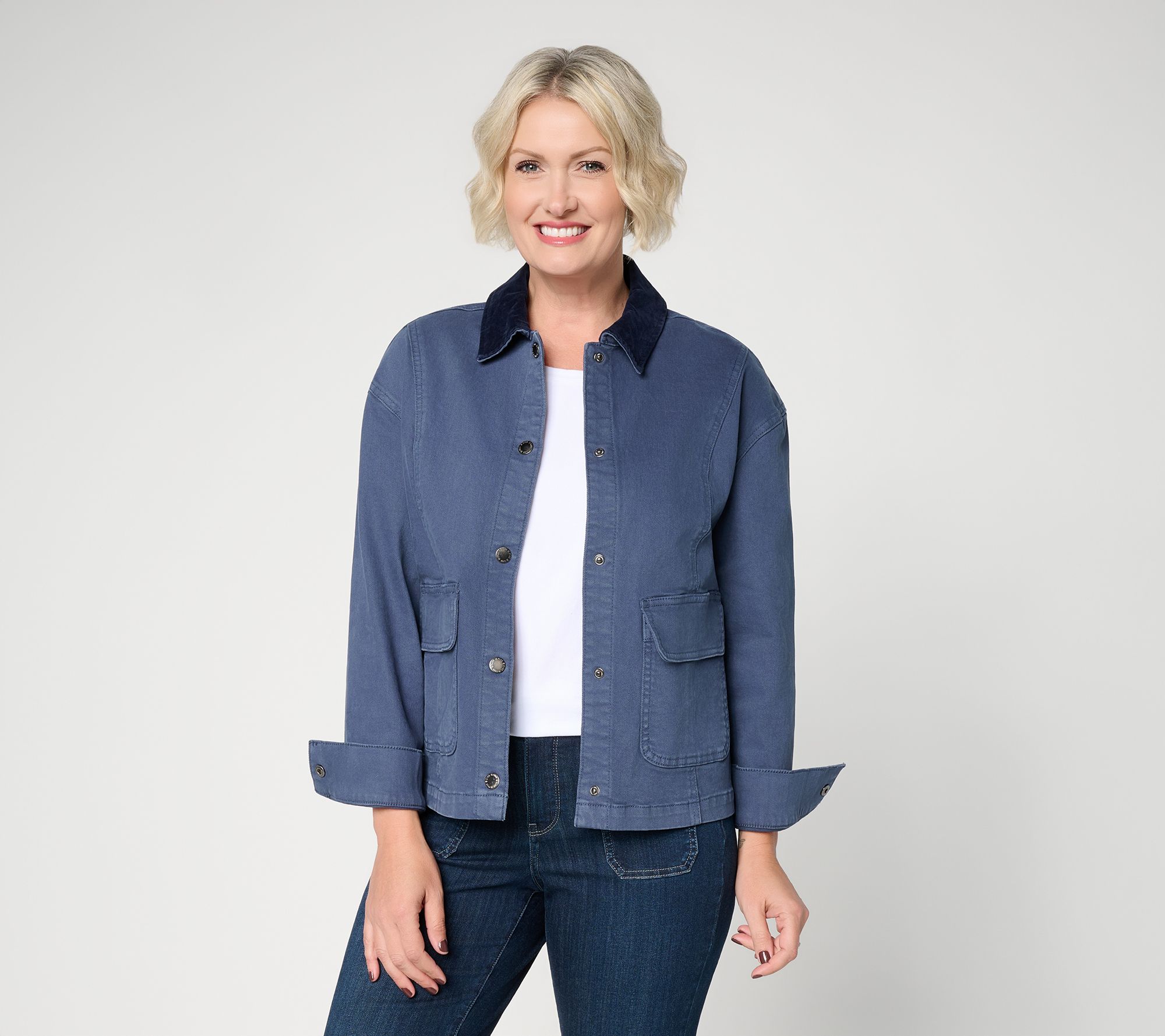Belle by Kim Gravel Velvet Collar Stretch Denim Jacket