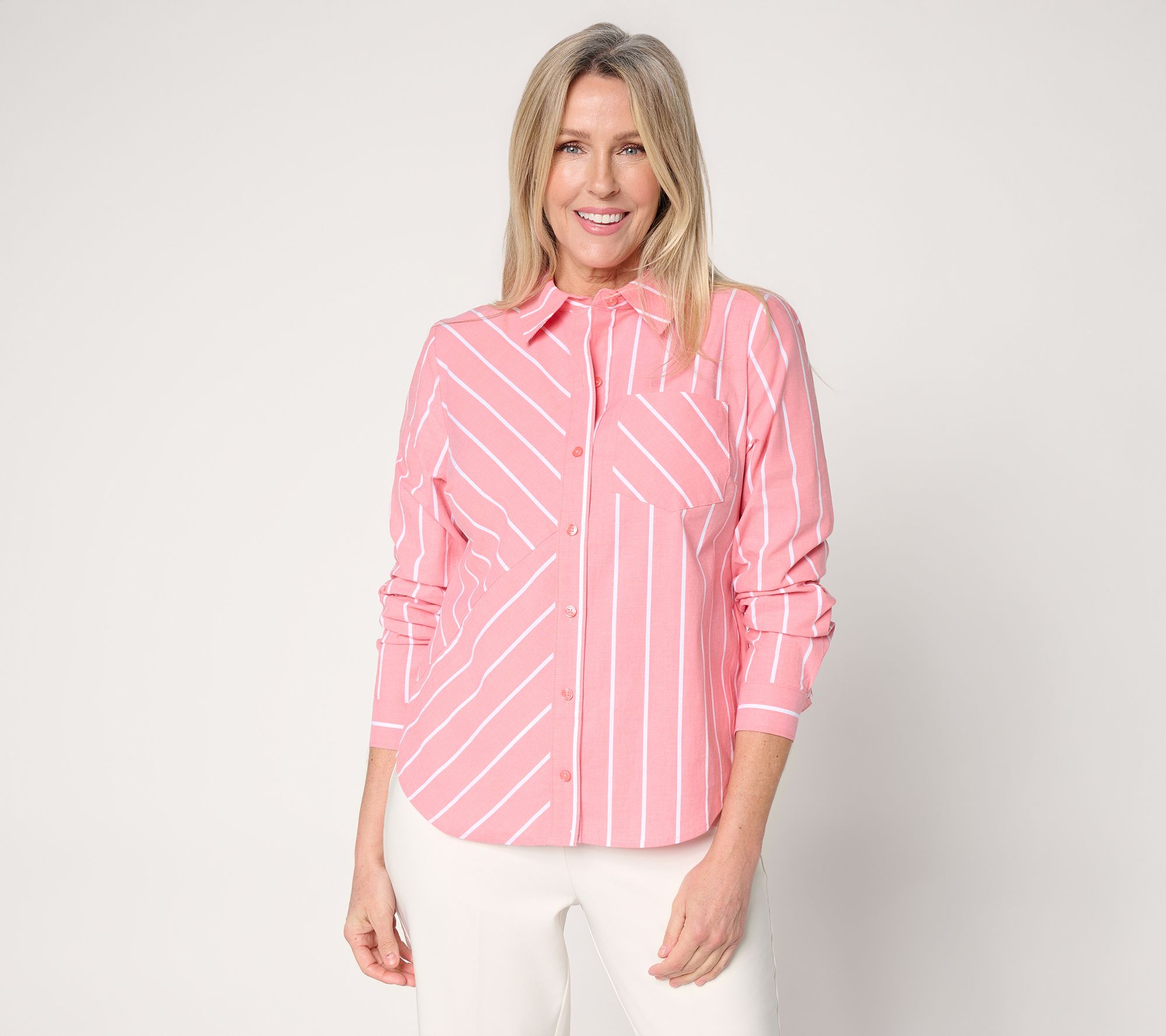 "As Is" Joan Rivers Mixed Stripe Button Girlfriend Shirt