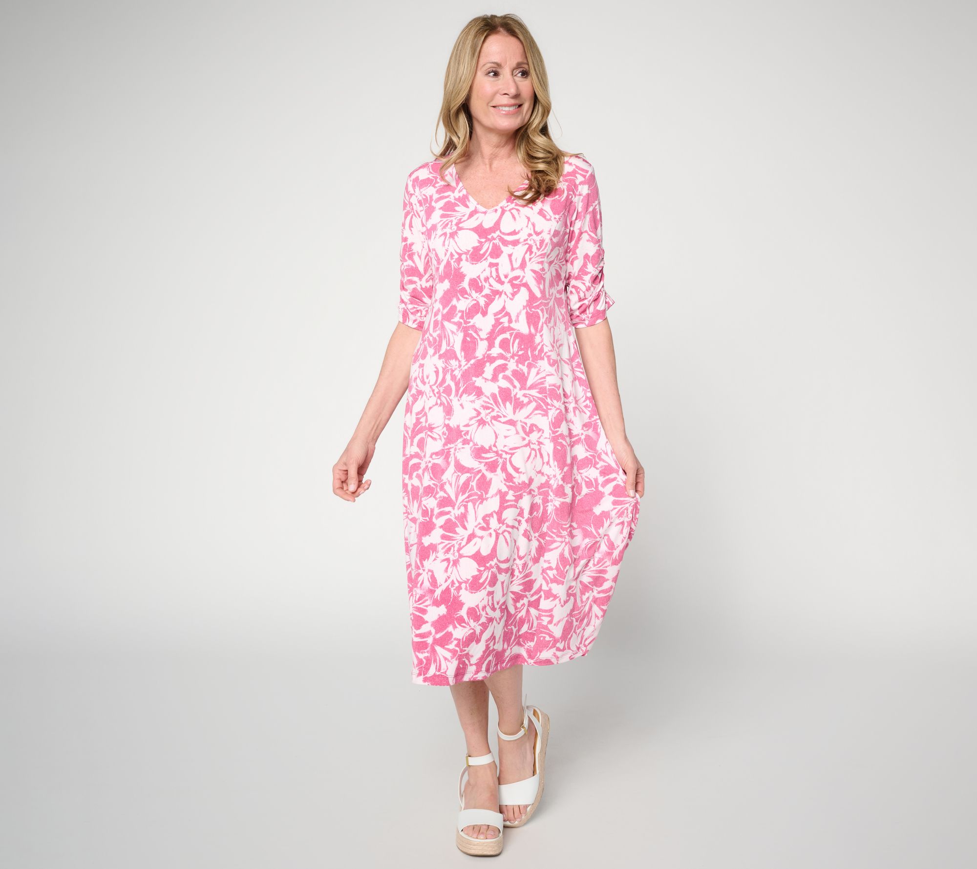 "As Is" Susan Graver Petite Printed Liquid Knit Fit &Flare Midi Dress