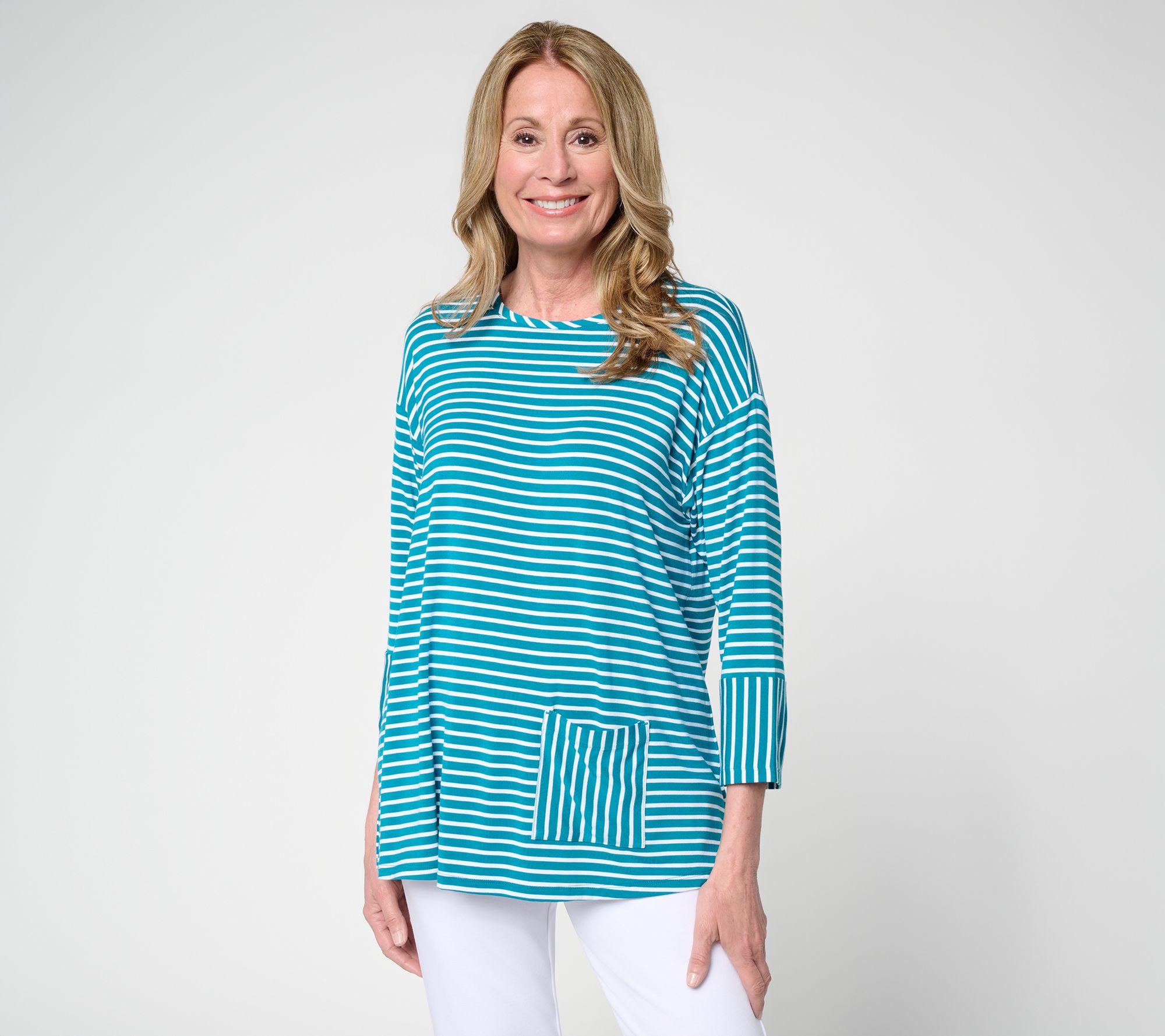 "As Is" Joan Rivers Mixed Stripe Pocket 3/4 Sleeve Tee
