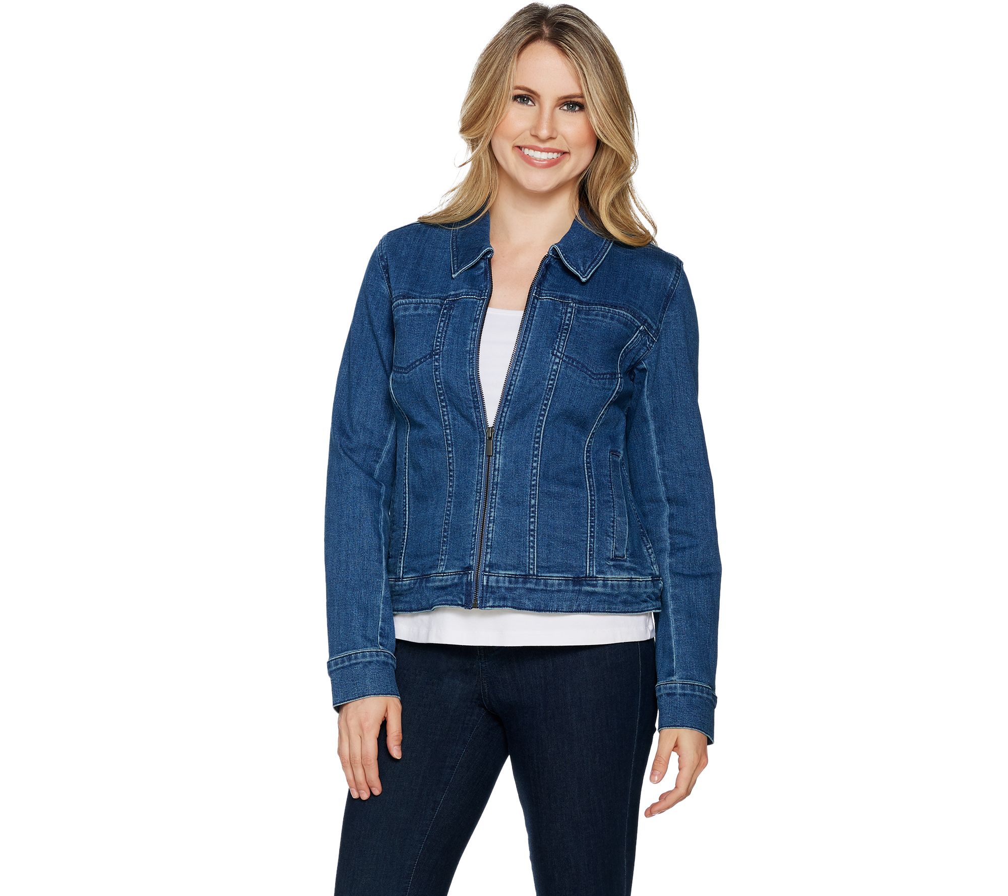 H by Halston Stretch Denim Zip Front Jean Jacket - Page 1 — QVC.com