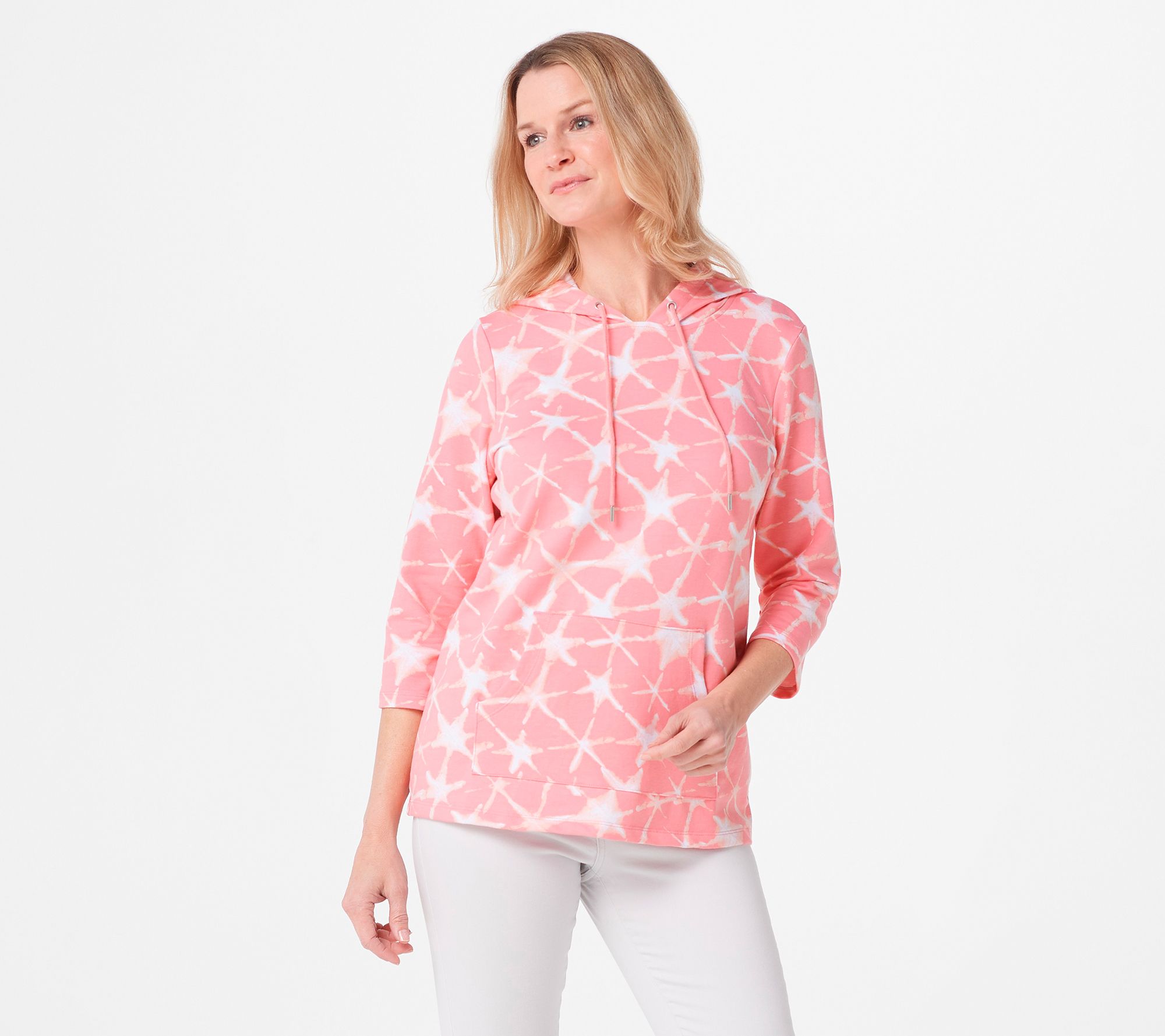 Denim & Co. Active Printed French Terry Top with Hood and Pocket - QVC.com