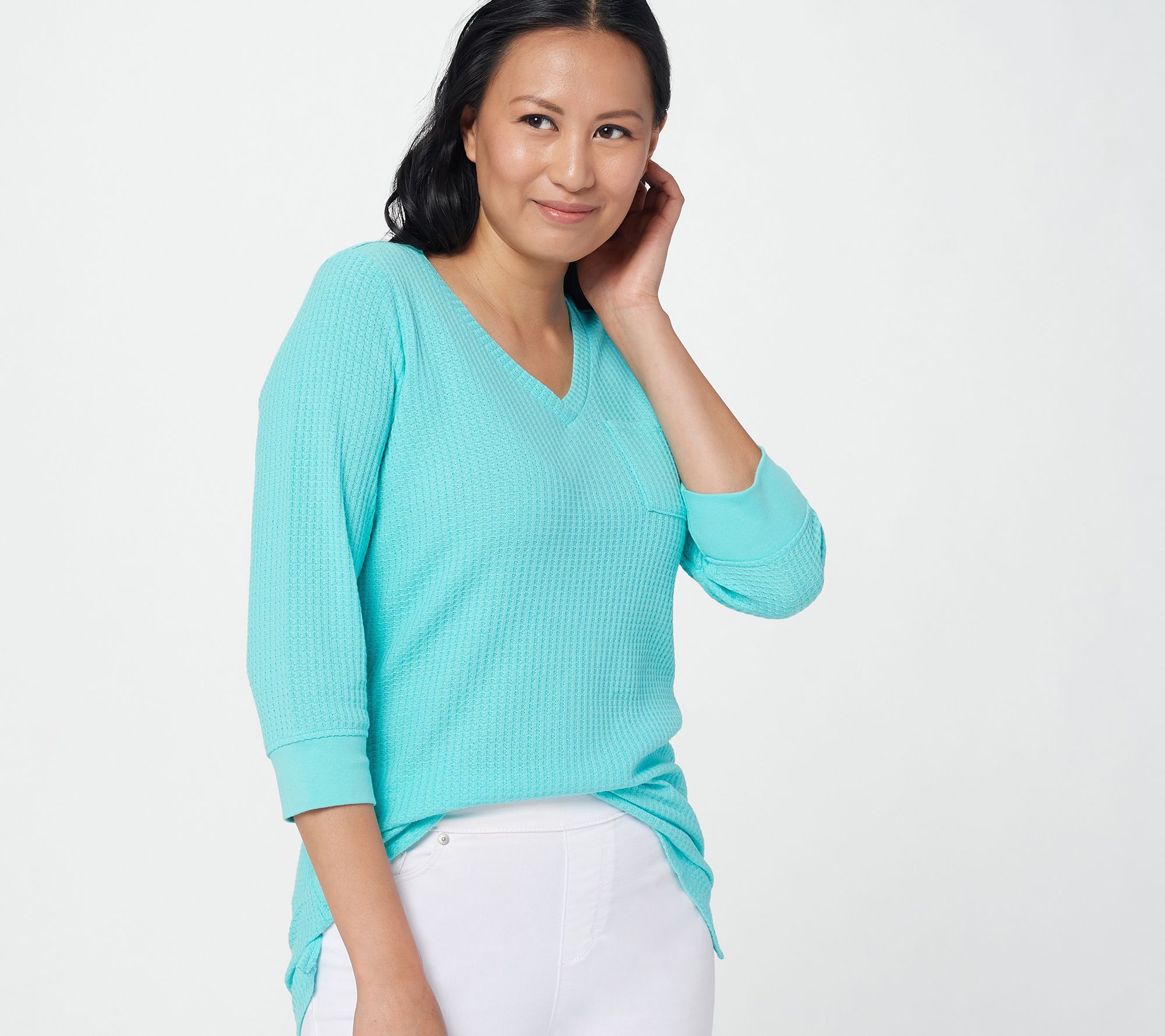 Belle by Kim Gravel 3/4 Sleeve Waffle Knit V-Neck Top