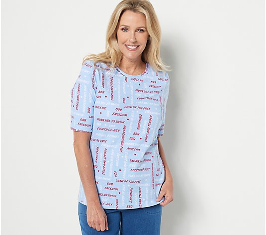 Denim & Co. Printed Perfect Jersey Round Neck Elbow Sleeve Top