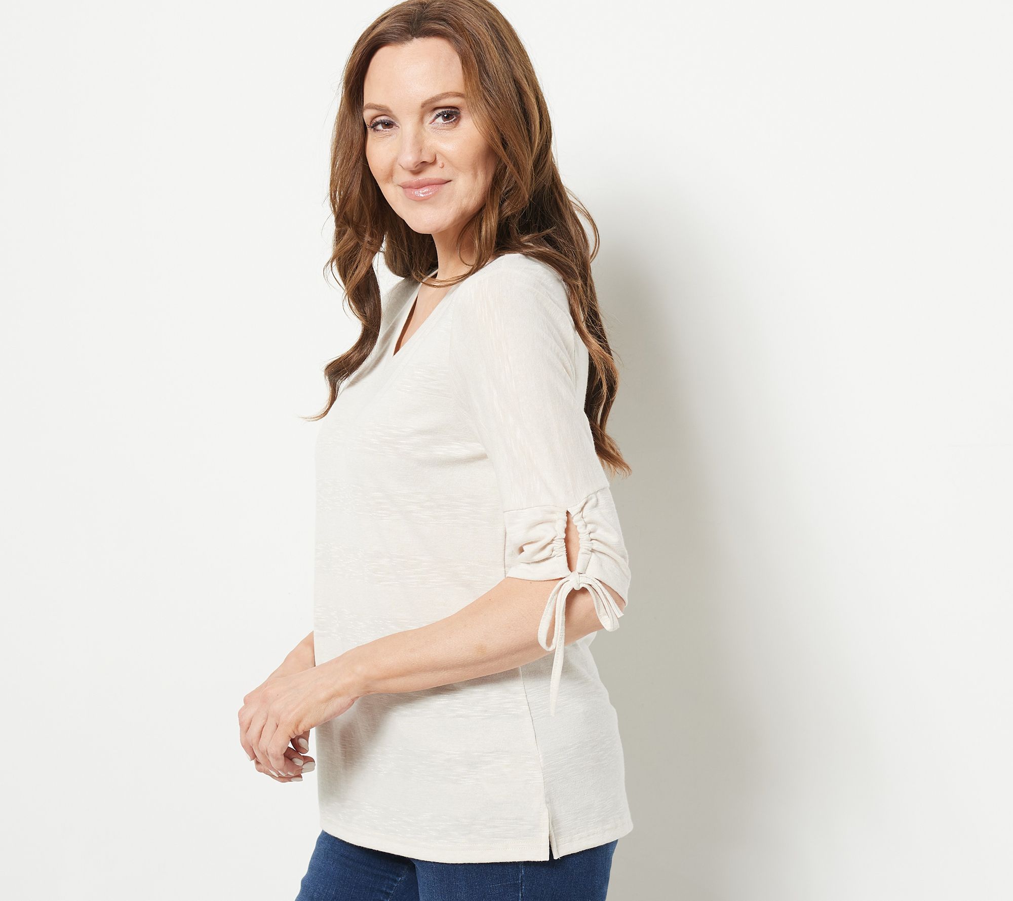 "As Is" Belle by Kim Gravel V-Neck Shadow Striped Top w/ Ruched Sleeve