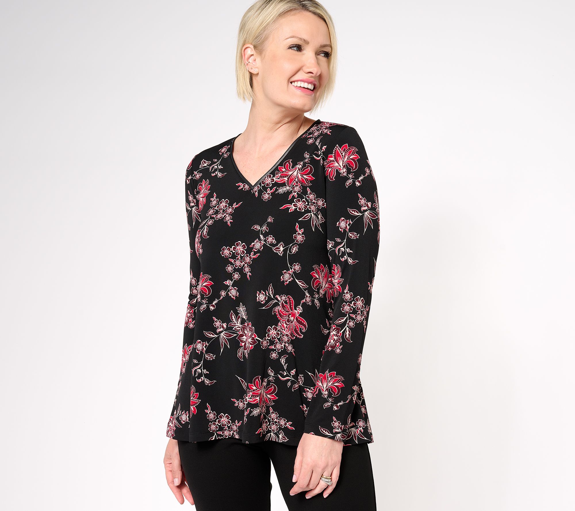 Susan Graver Printed Liquid Knit A-Line Top with Faux Leather Piping