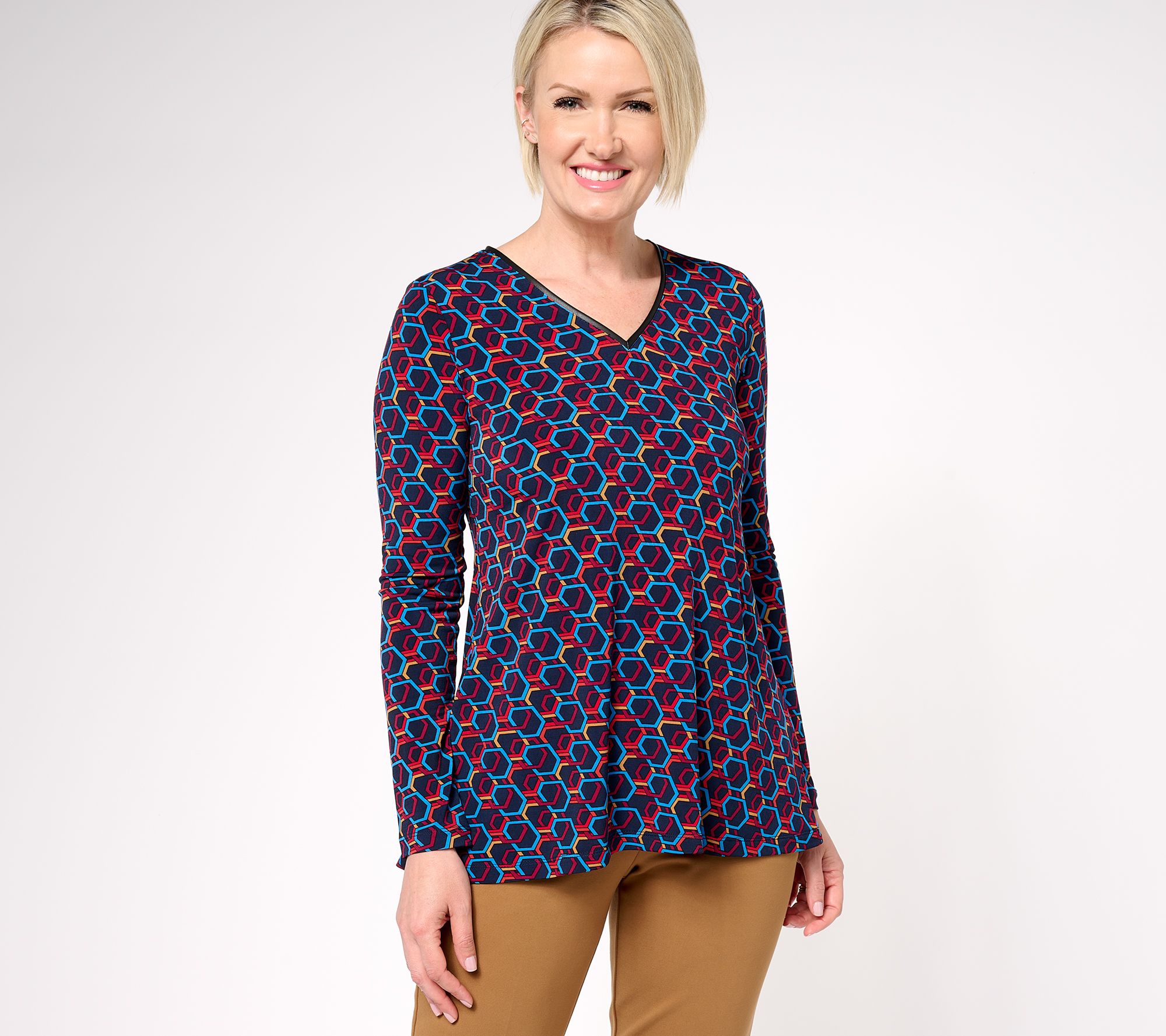 Susan Graver Printed Liquid Knit A-Line Top with Faux Leather Piping