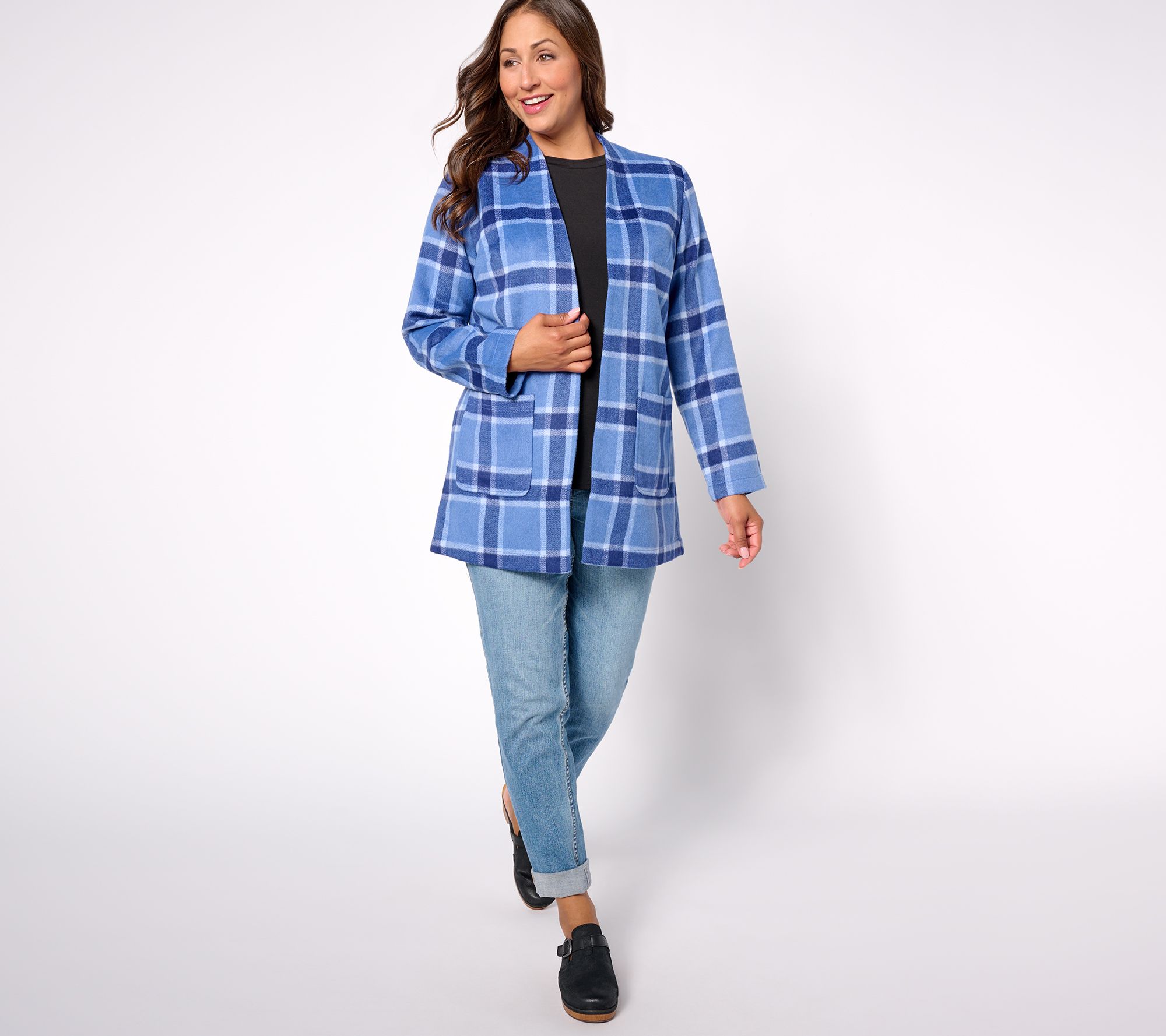Denim & Co. Plaid Collarless Long Jacket with Pockets