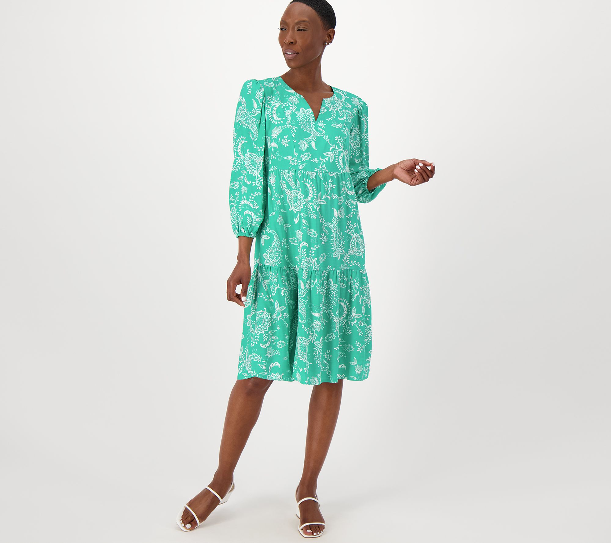 "As Is" Susan Graver Passport Printed Petite Woven 3/4 Sleeve Dress