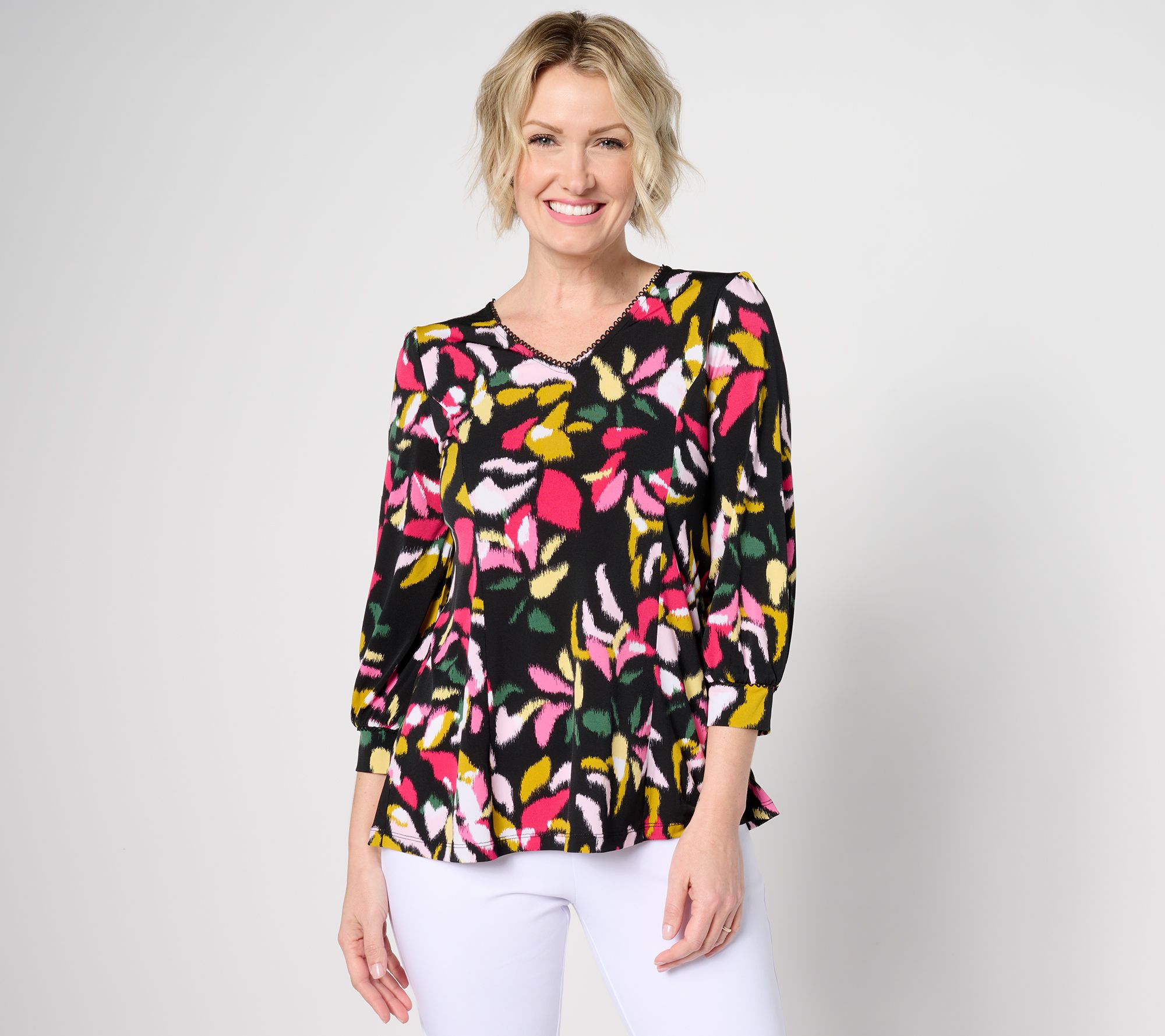 Susan Graver Printed Liquid Knit 3/4-Sleeve Fit-and-Flare Top - QVC.com