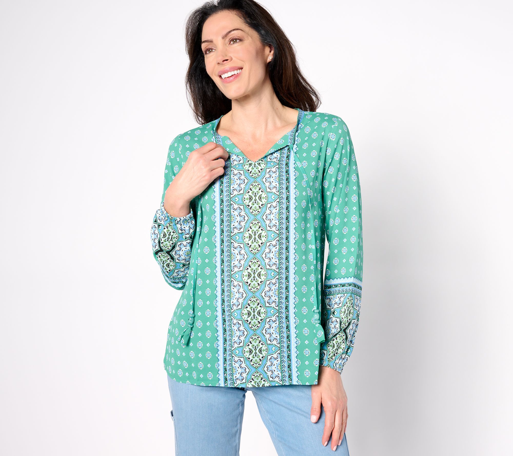 Belle by Kim Gravel Spring Break Border Print Blouse