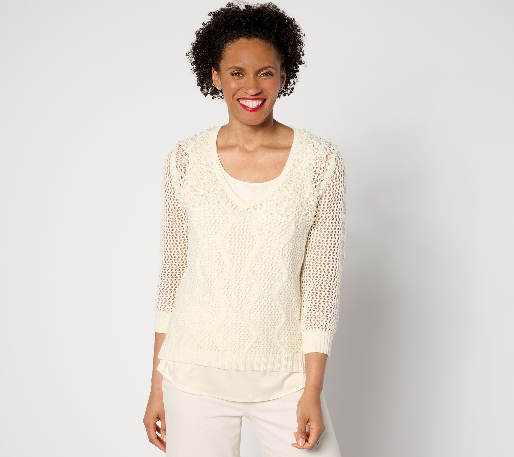 Isaac Mizrahi Live! Wavy Mesh and Charmeuse Twofer Sweater