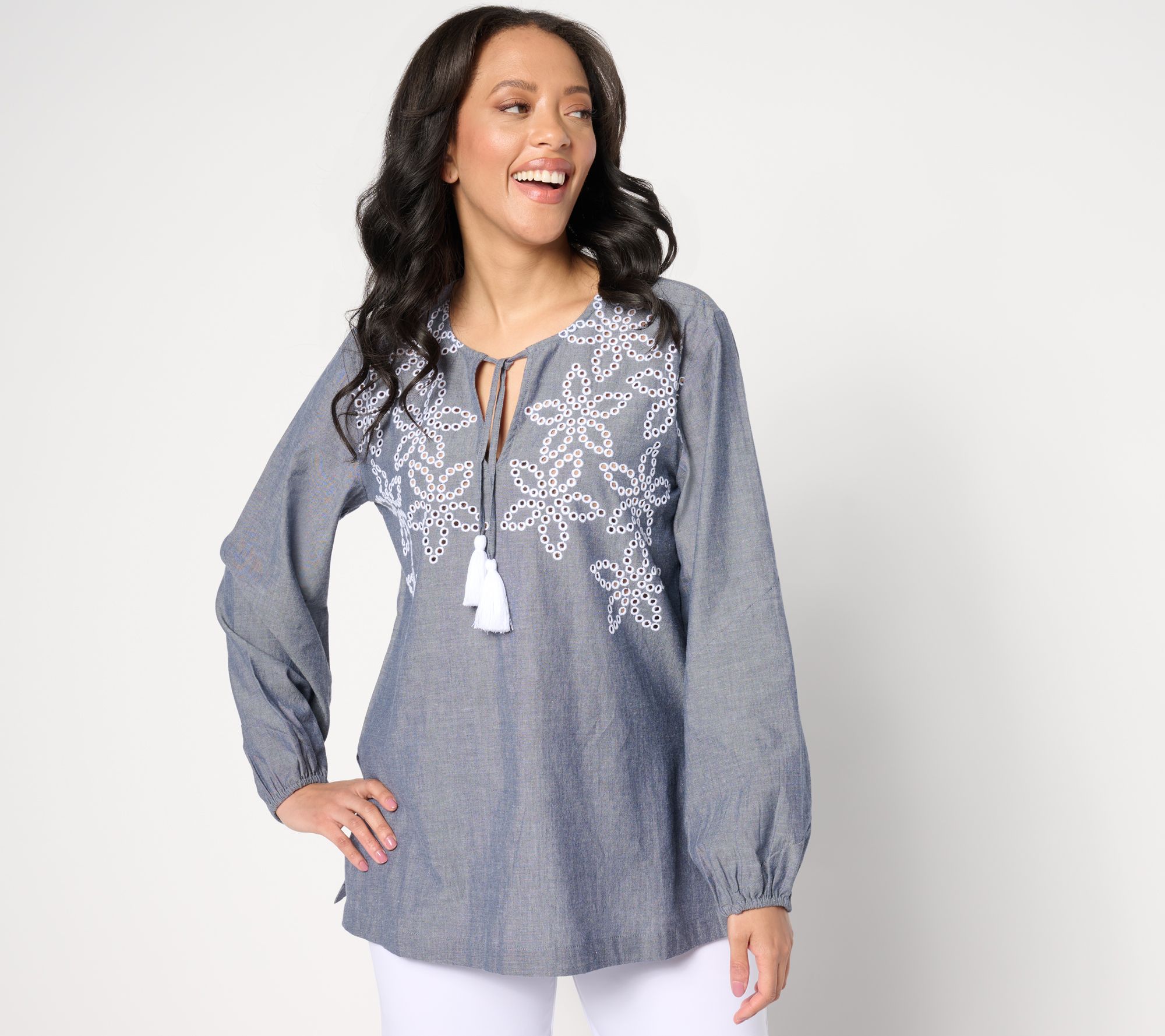Dennis Basso Chambray Tunic with Eyelet Embroidery