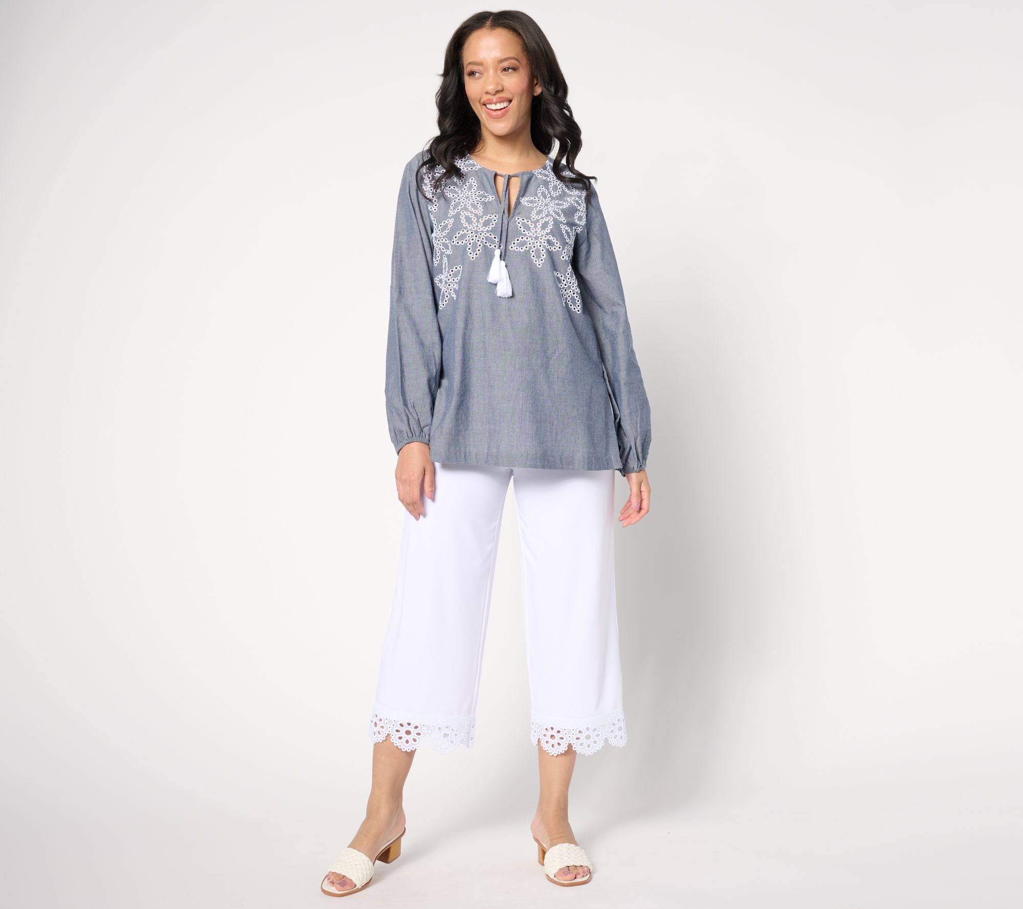 Dennis Basso Chambray Tunic with Eyelet Embroidery, 2 of 5
