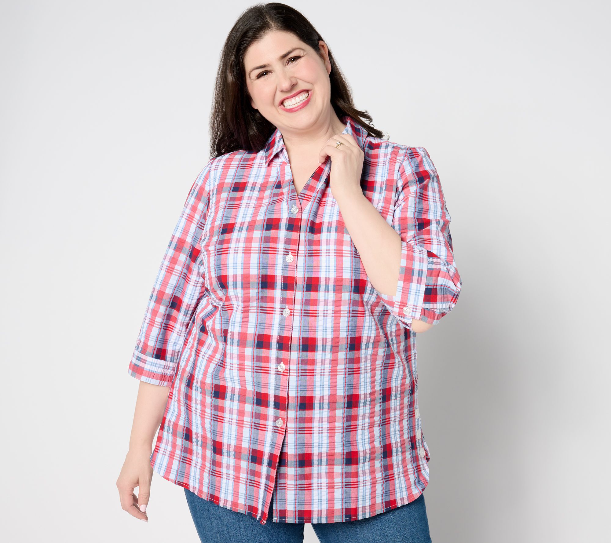 Joan Rivers Seersucker Side-Button Boyfriend Shirt