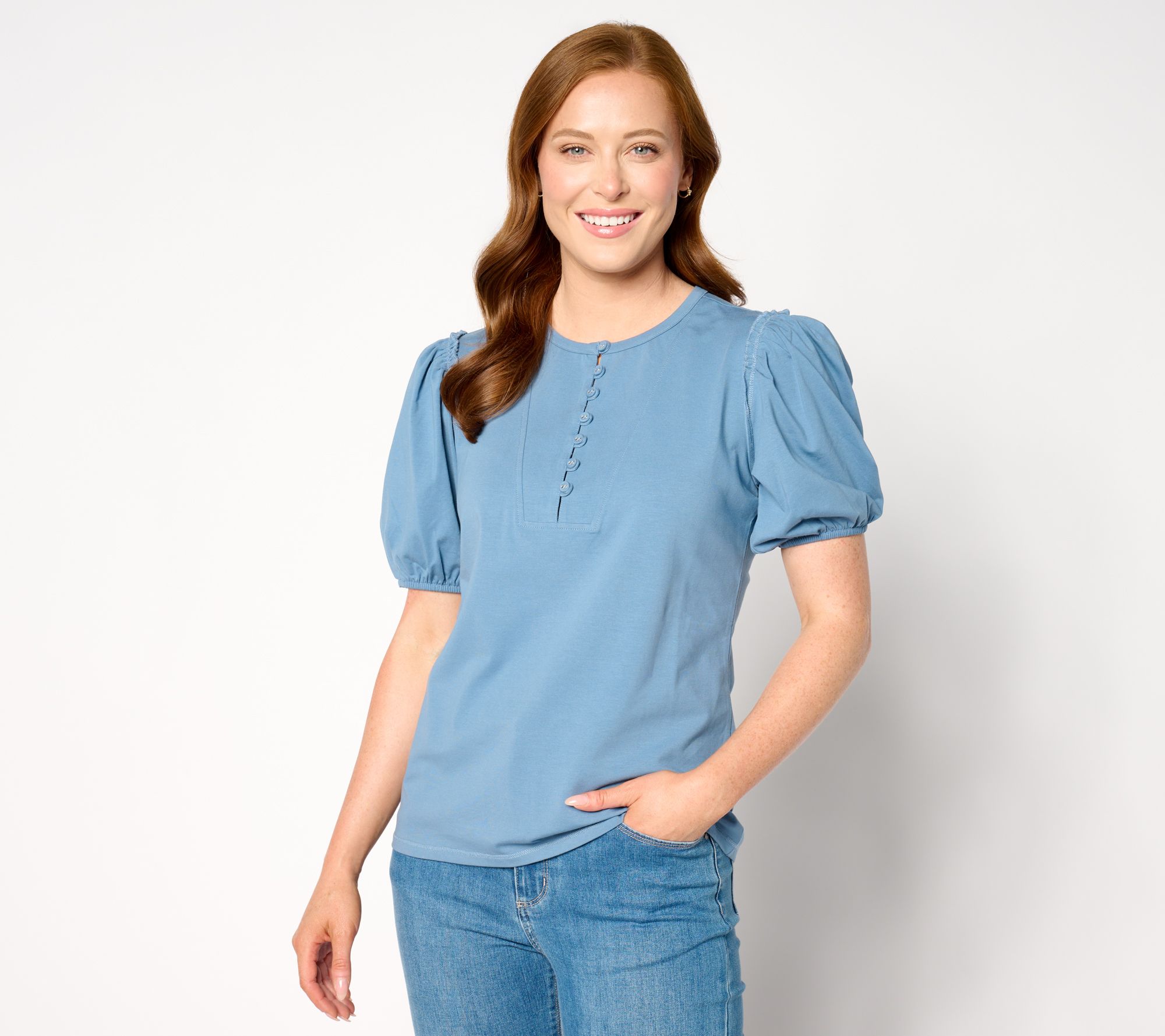AnyBody Puff Sleeve Knit Henley Top