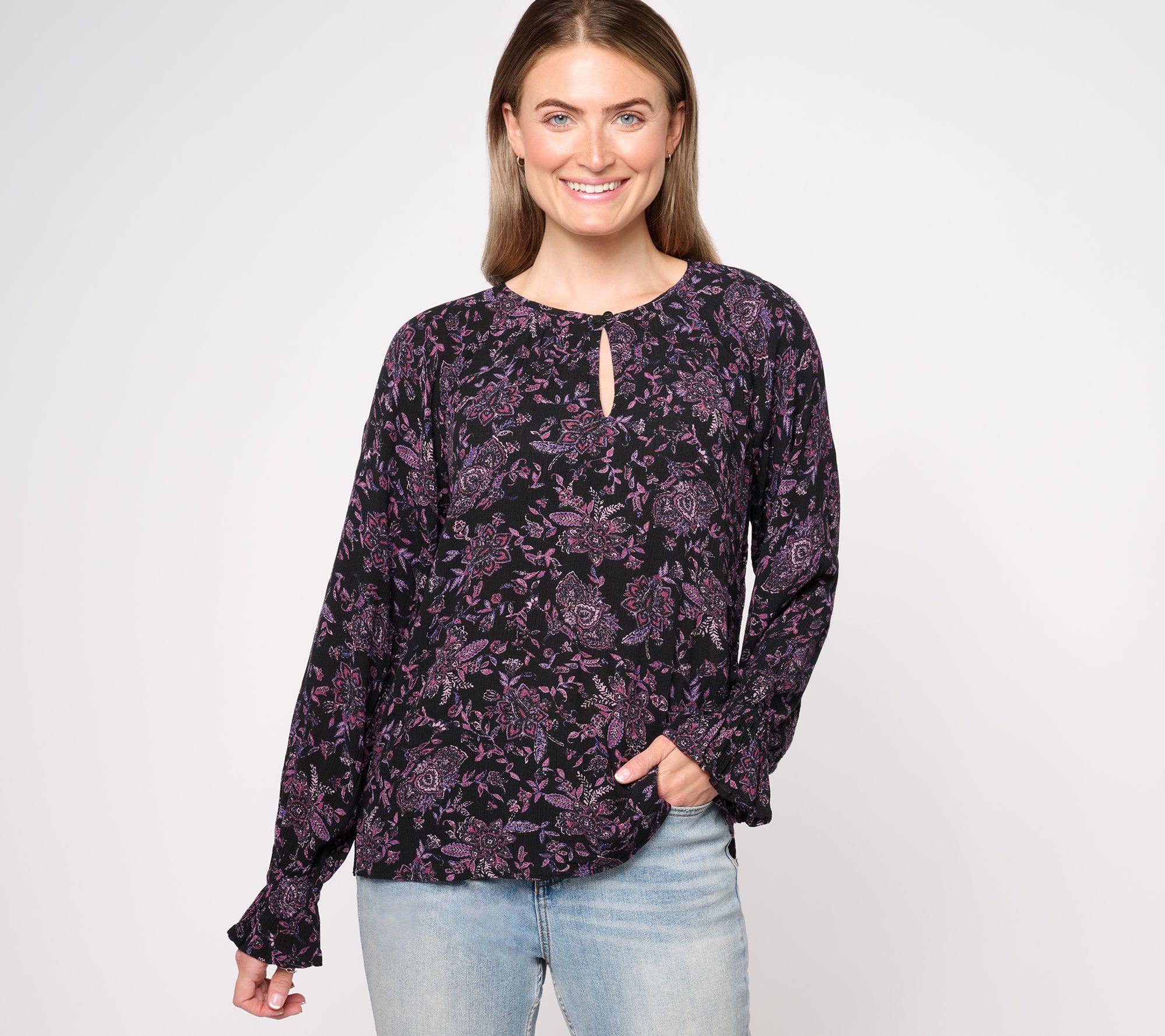 "As Is" Encore by Idina Menzel Split Neck Ruffle Cuff Print Crepe Top