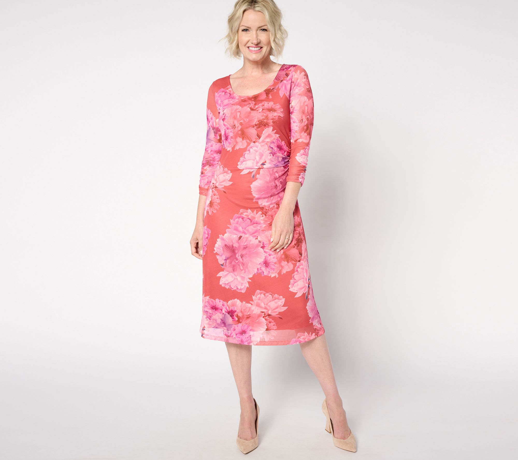 Isaac Mizrahi Live! Regular Printed Mesh 3/4-Sleeve Midi