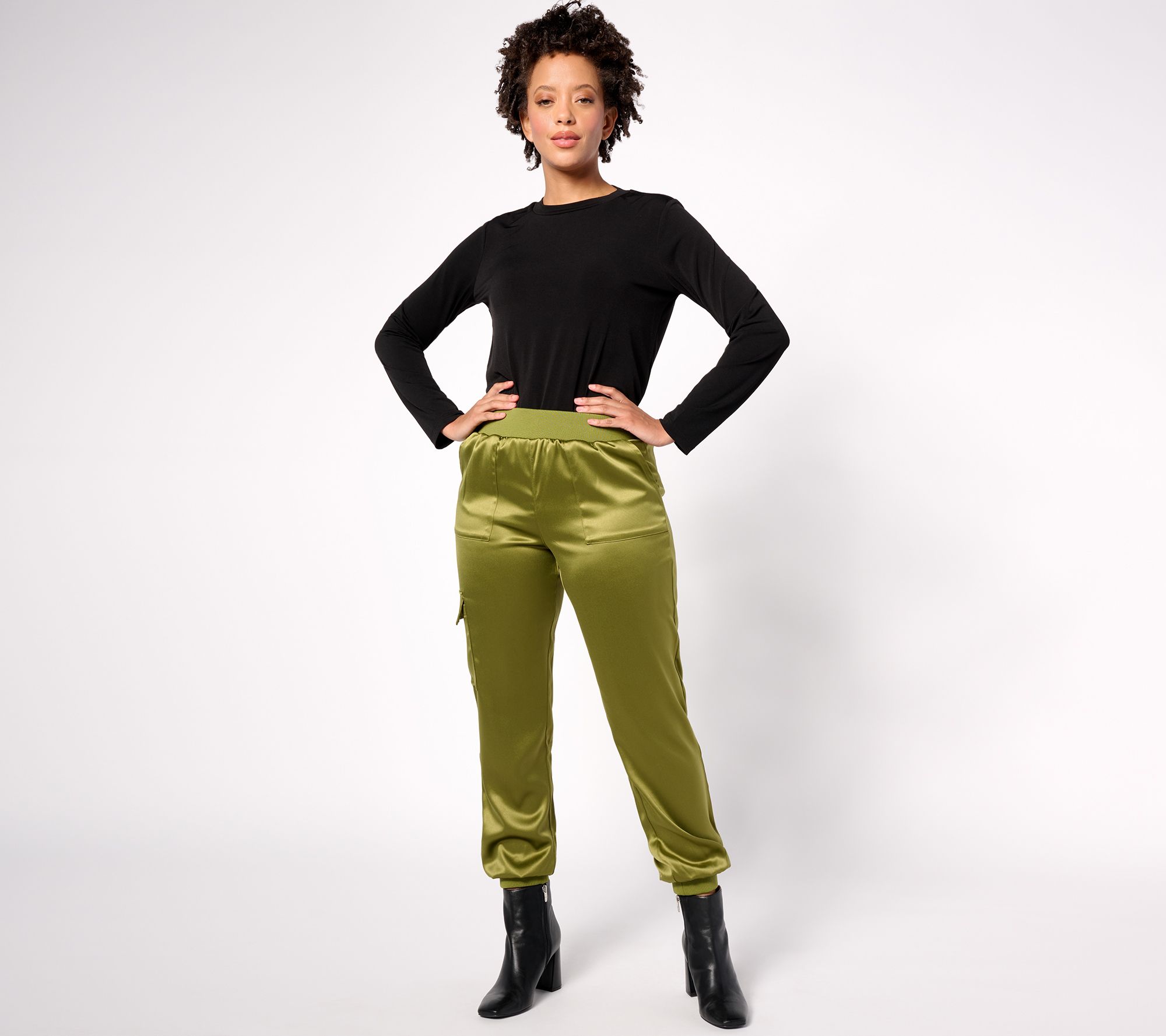 As Is LOGO by Lori Goldstein Regular Satin Cargo Pant with Rib Waistband