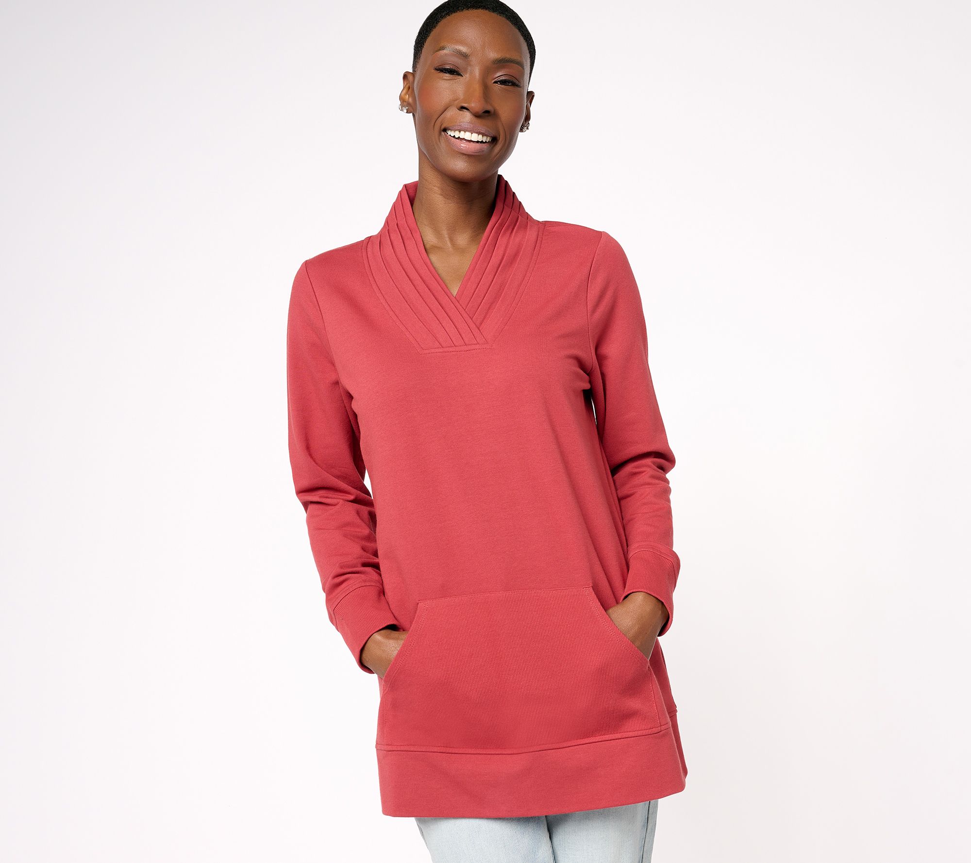"As Is" Denim & Co. Active Regular French Terry Pleated V-Neck Tunic