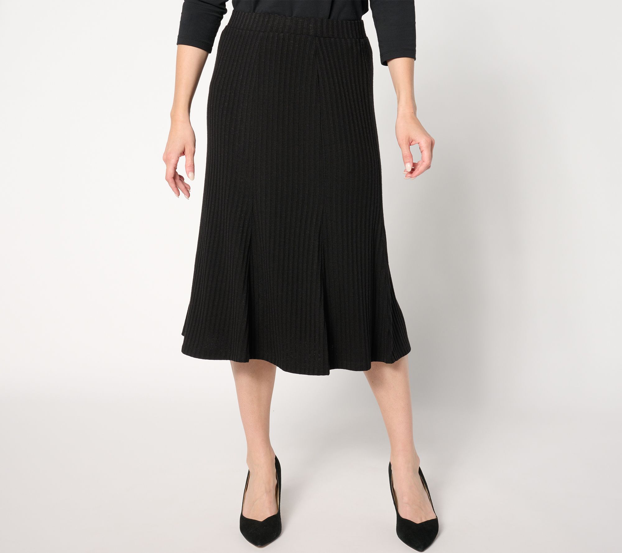 Susan Graver Petite Rib Knit Paneled Pull On Midi Skirt QVC