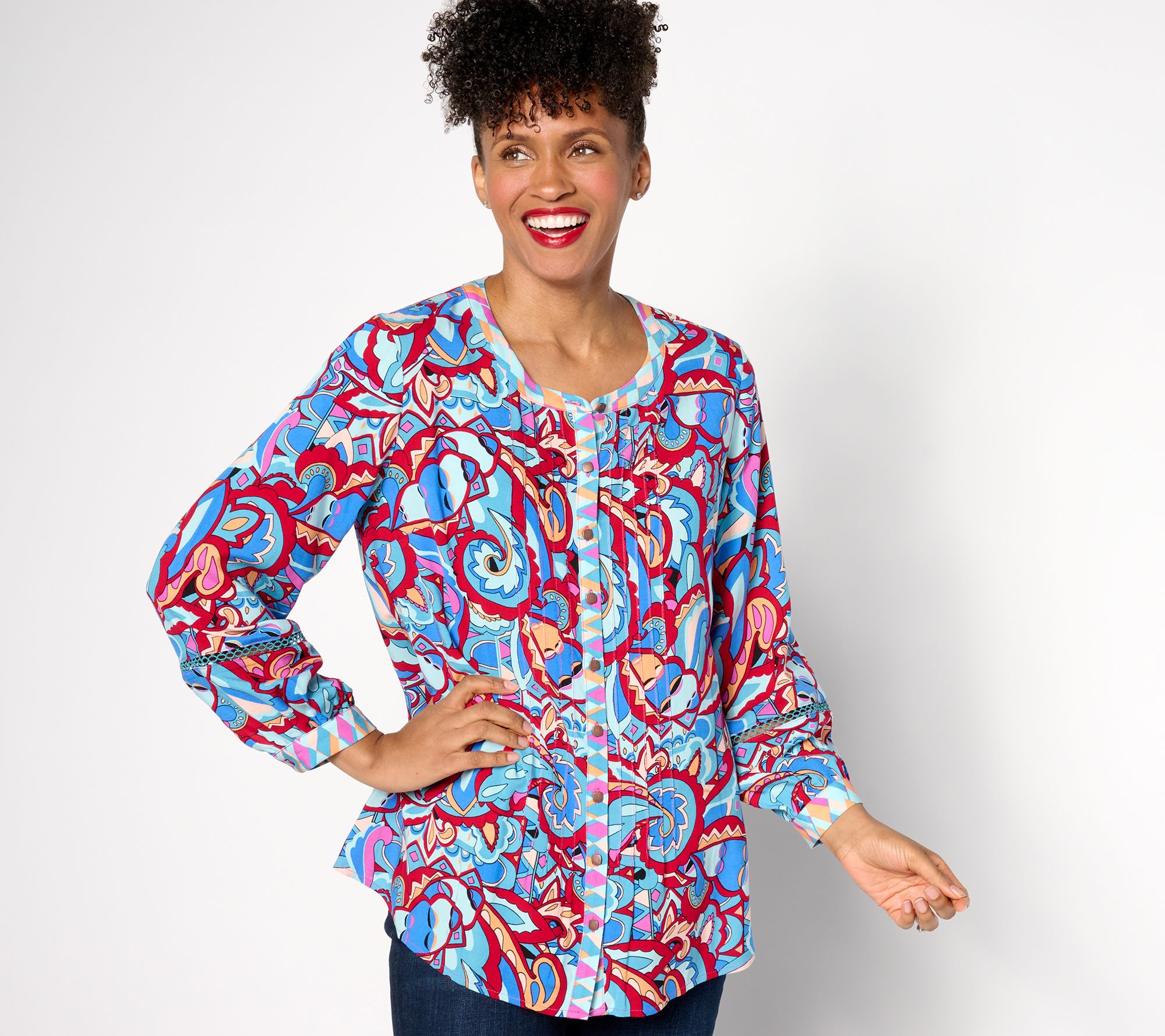 "As Is" Susan Graver Passport Reg Printed Rayon Challis Cardigan