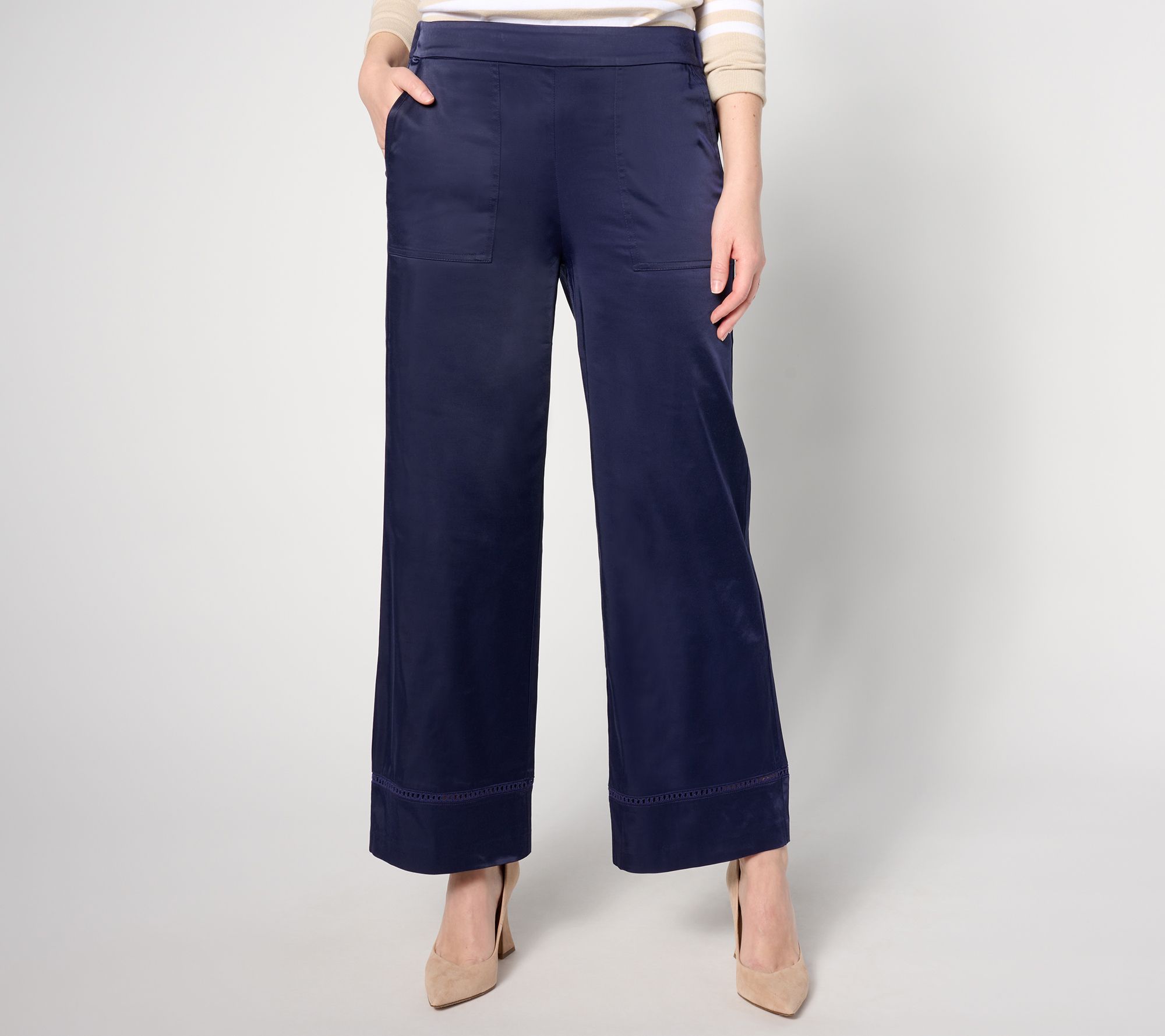 "As Is" Isaac Mizrahi Live! Petite Stretch Taffeta Wide Leg Ankle Pants