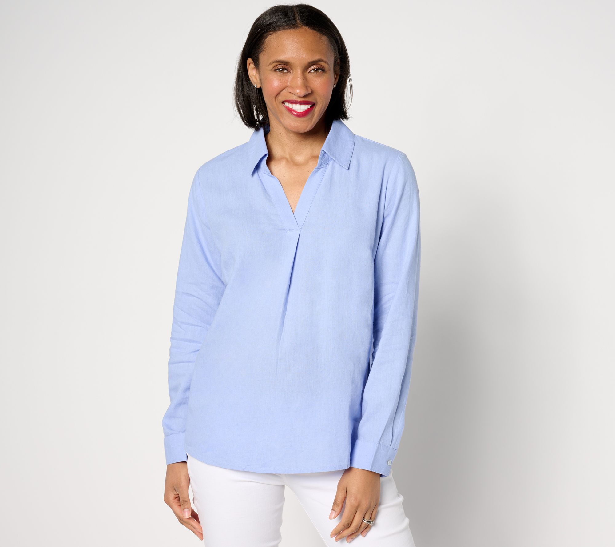 "As Is" Denim & Co. Naturals Linen Blend Collared Split-V Popover