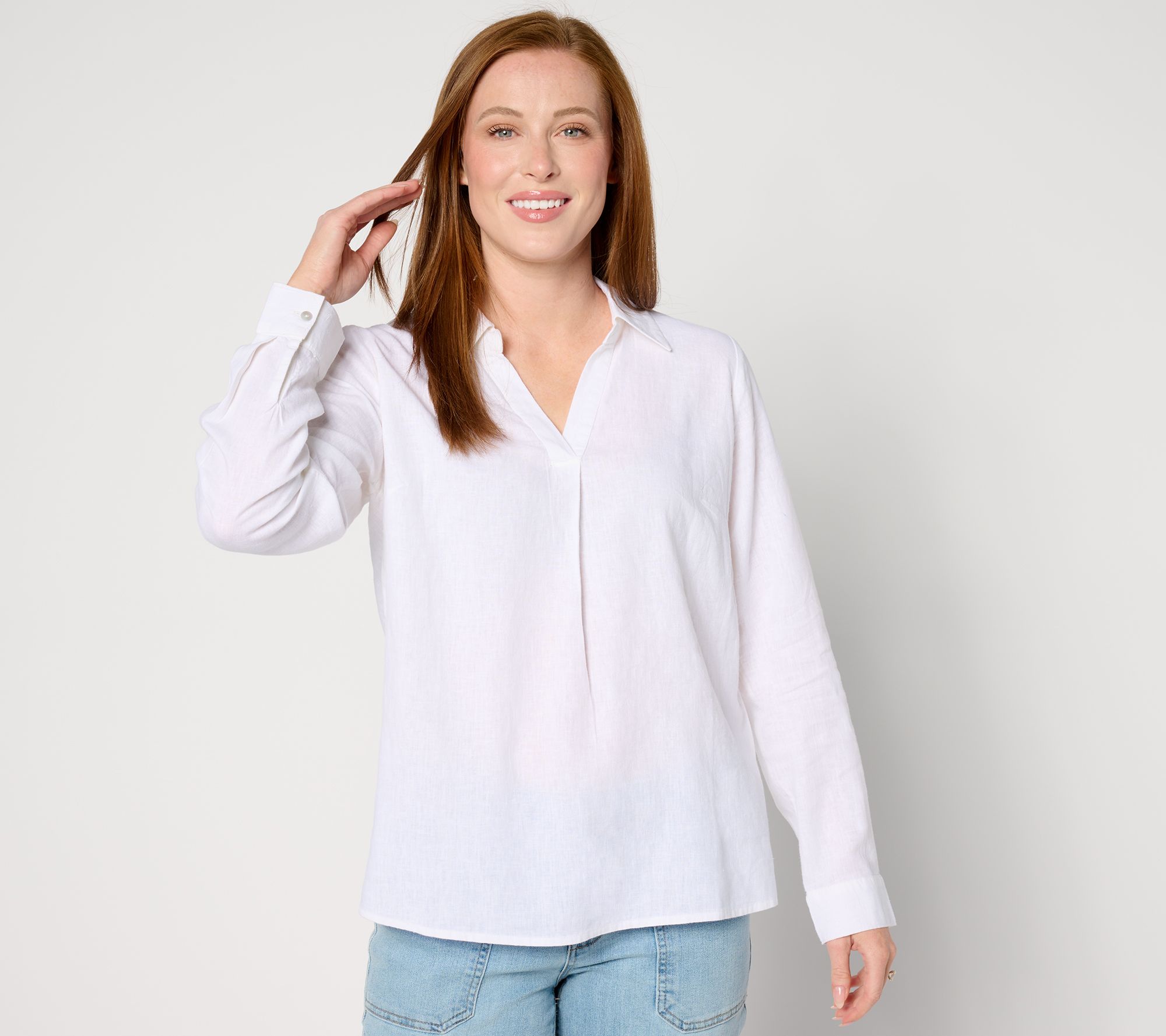 "As Is" Denim & Co. Naturals Linen Blend Collared Split-V Popover