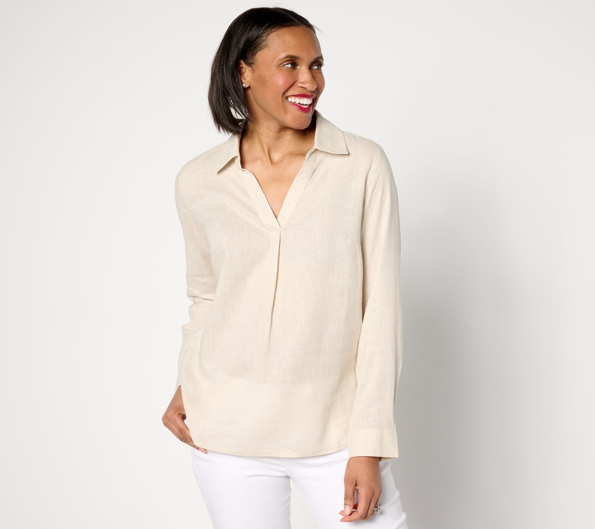 "As Is" Denim & Co. Naturals Linen Blend Collared Split-V Popover