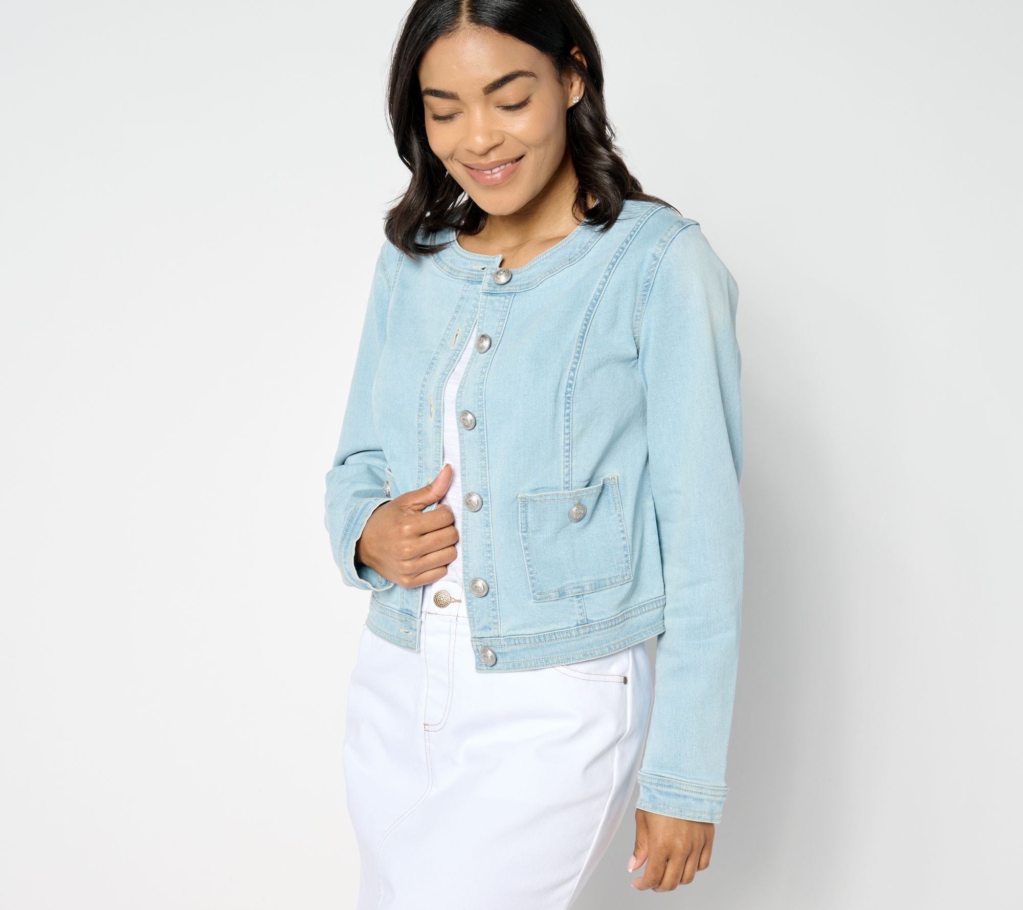 "As Is" Susan Graver Stretch Denim Collarless Jacket w/ Pkts