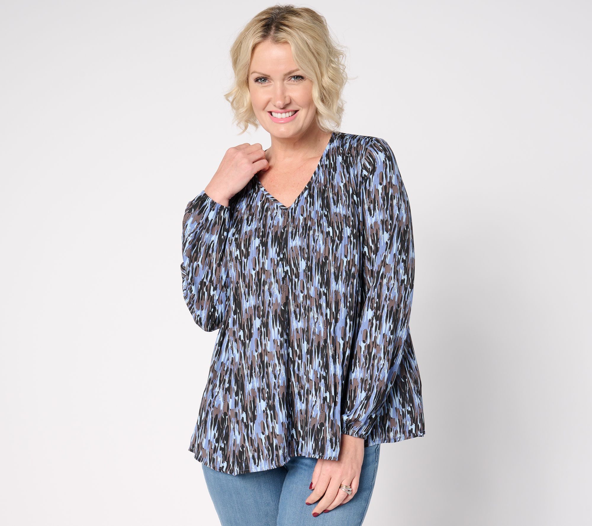 Belle by Kim Gravel Micropleat V-Neck Printed Blouse
