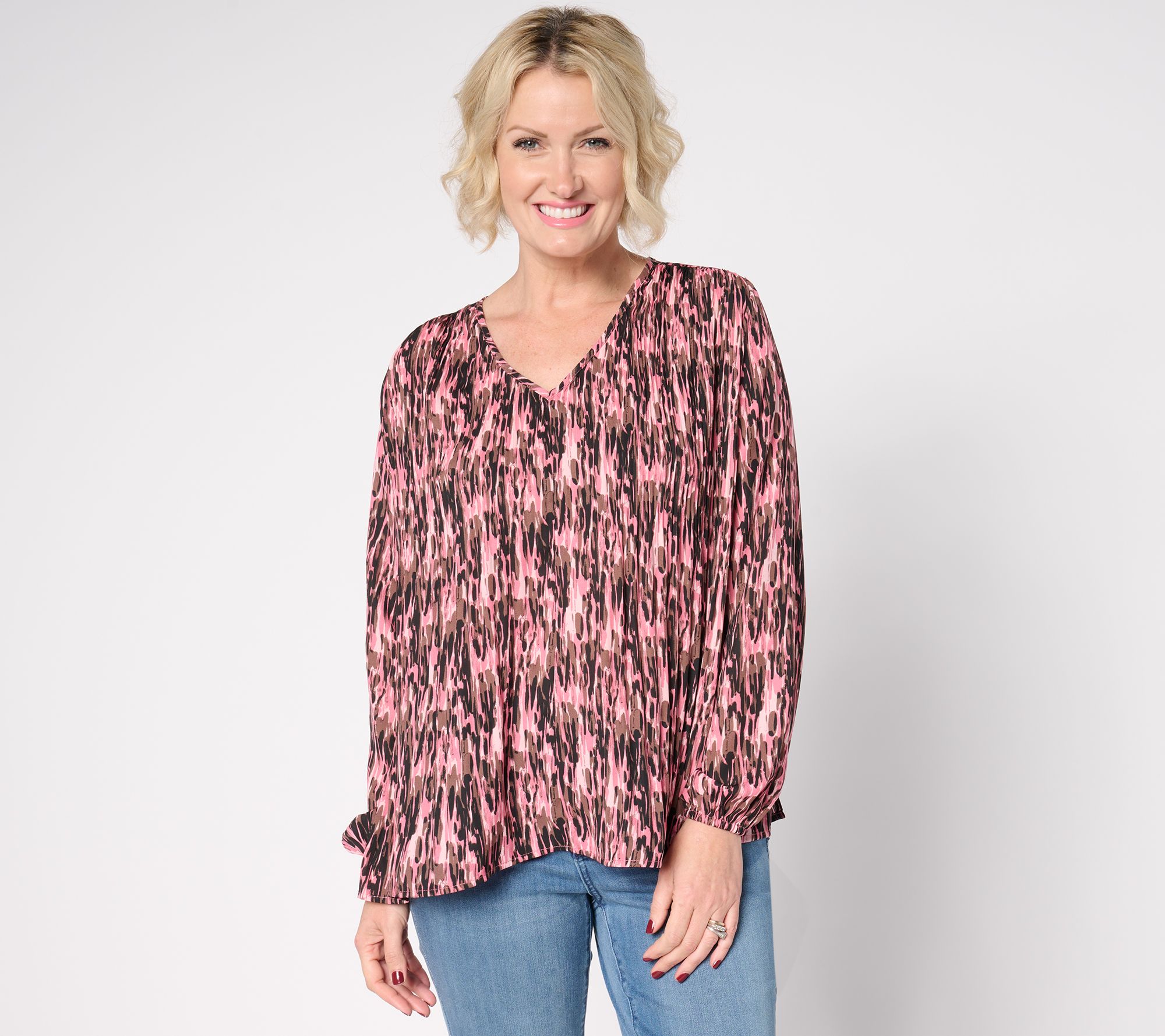Belle by Kim Gravel Micropleat V-Neck Printed Blouse