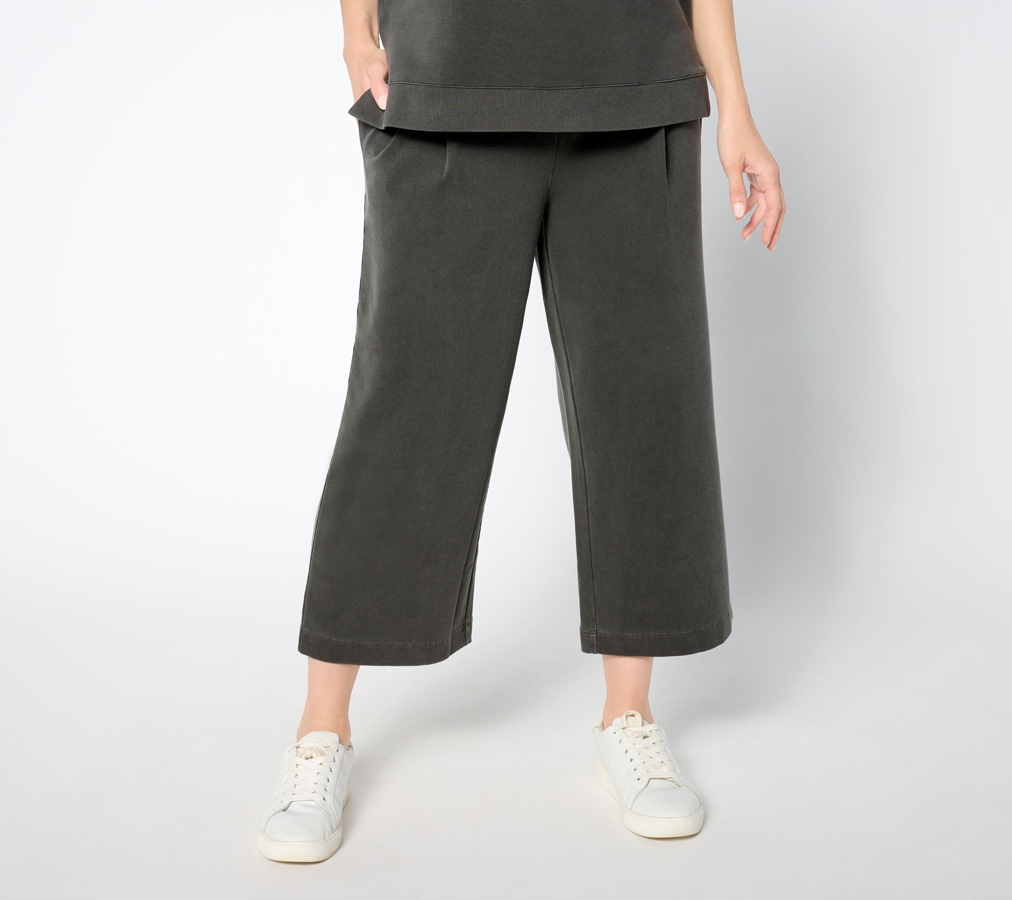 "As Is" AnyBody Regular Washed French Terry Cropped Wide Leg Pant