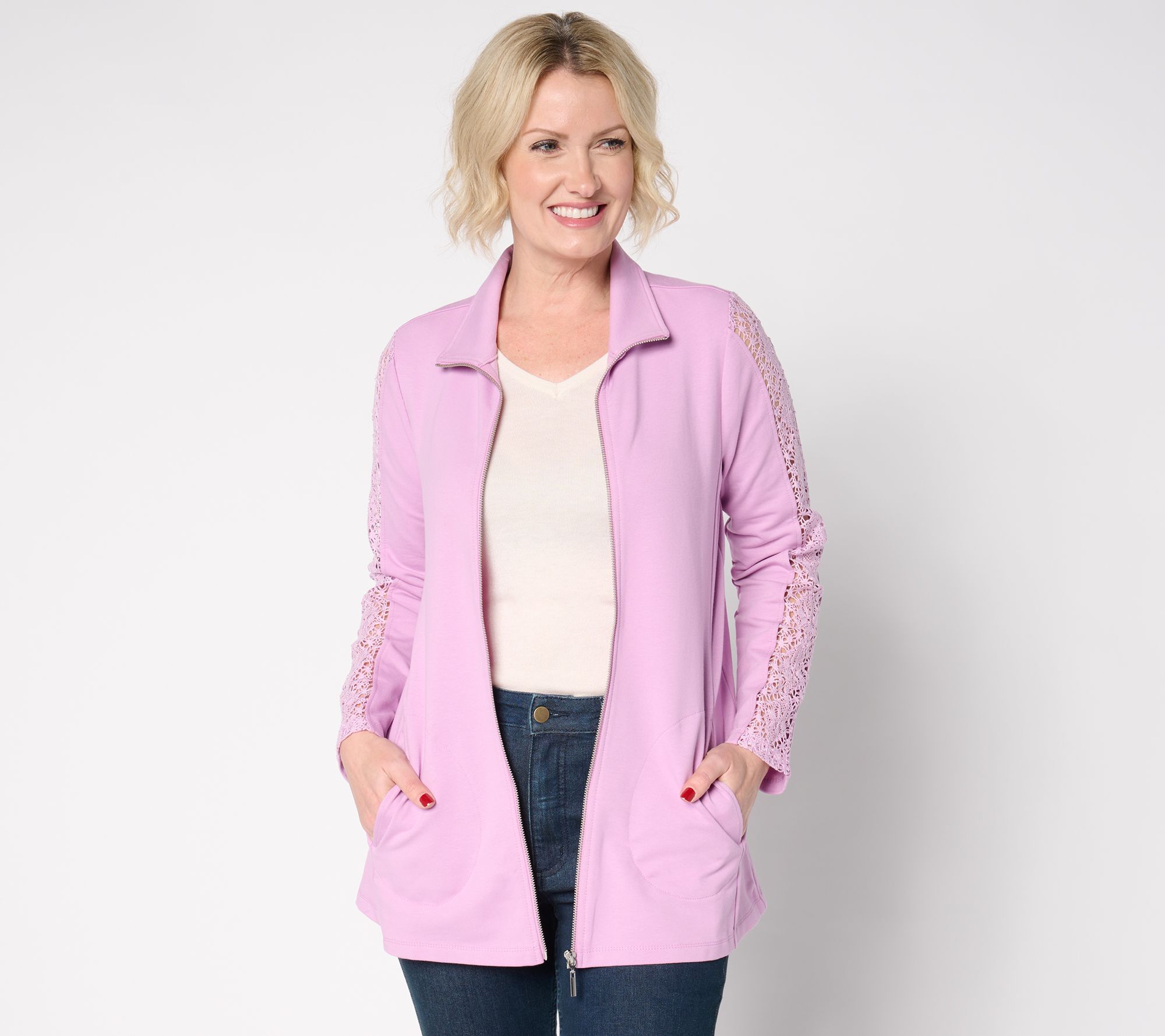 Susan Graver Weekend Petite Stretch Marina Knit Zip-Front Jacket w/ Lace